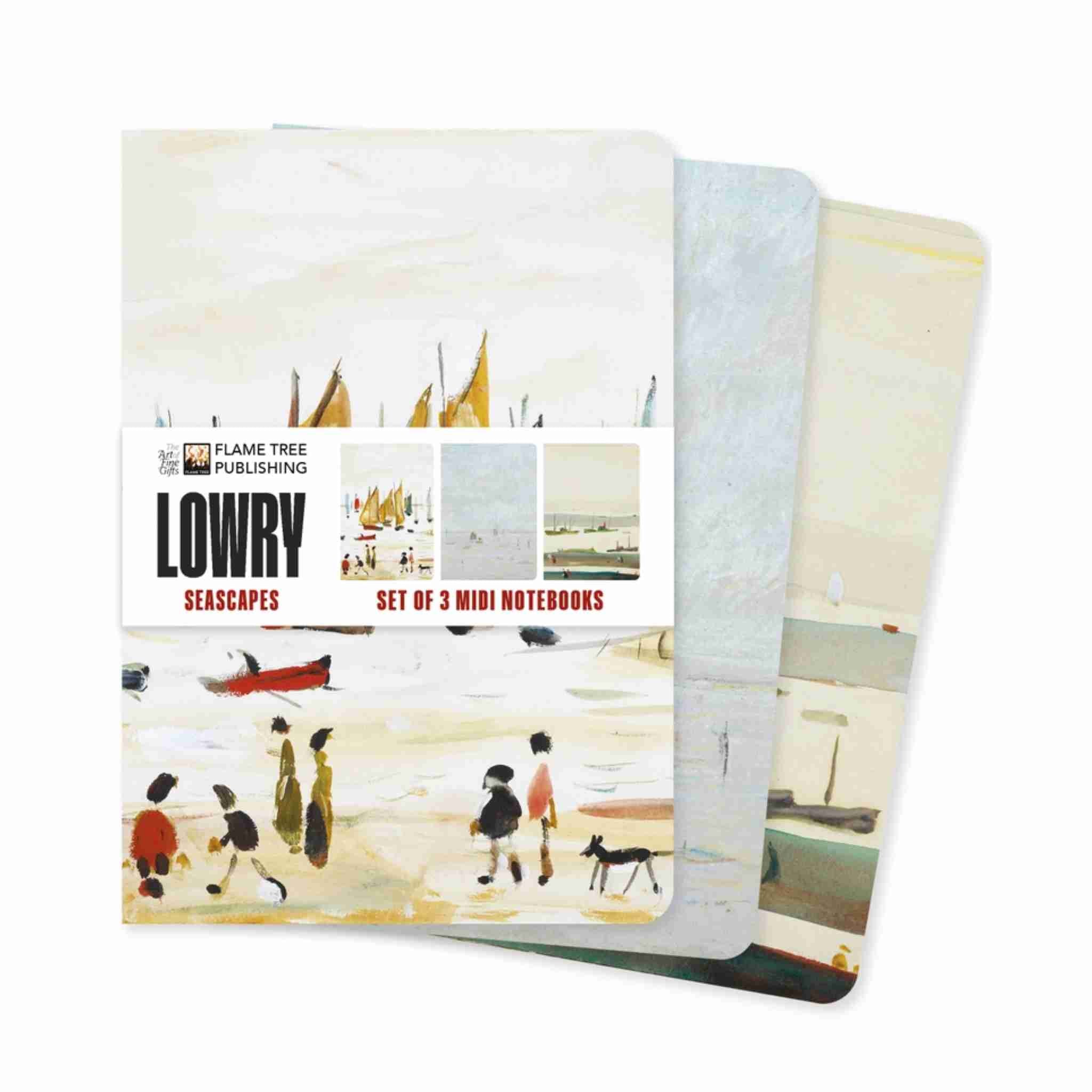 Three Lowry 'Seascapes' mini notebooks from Flame Tree Publishing, fanned out to show their illustrated covers and textured paper.