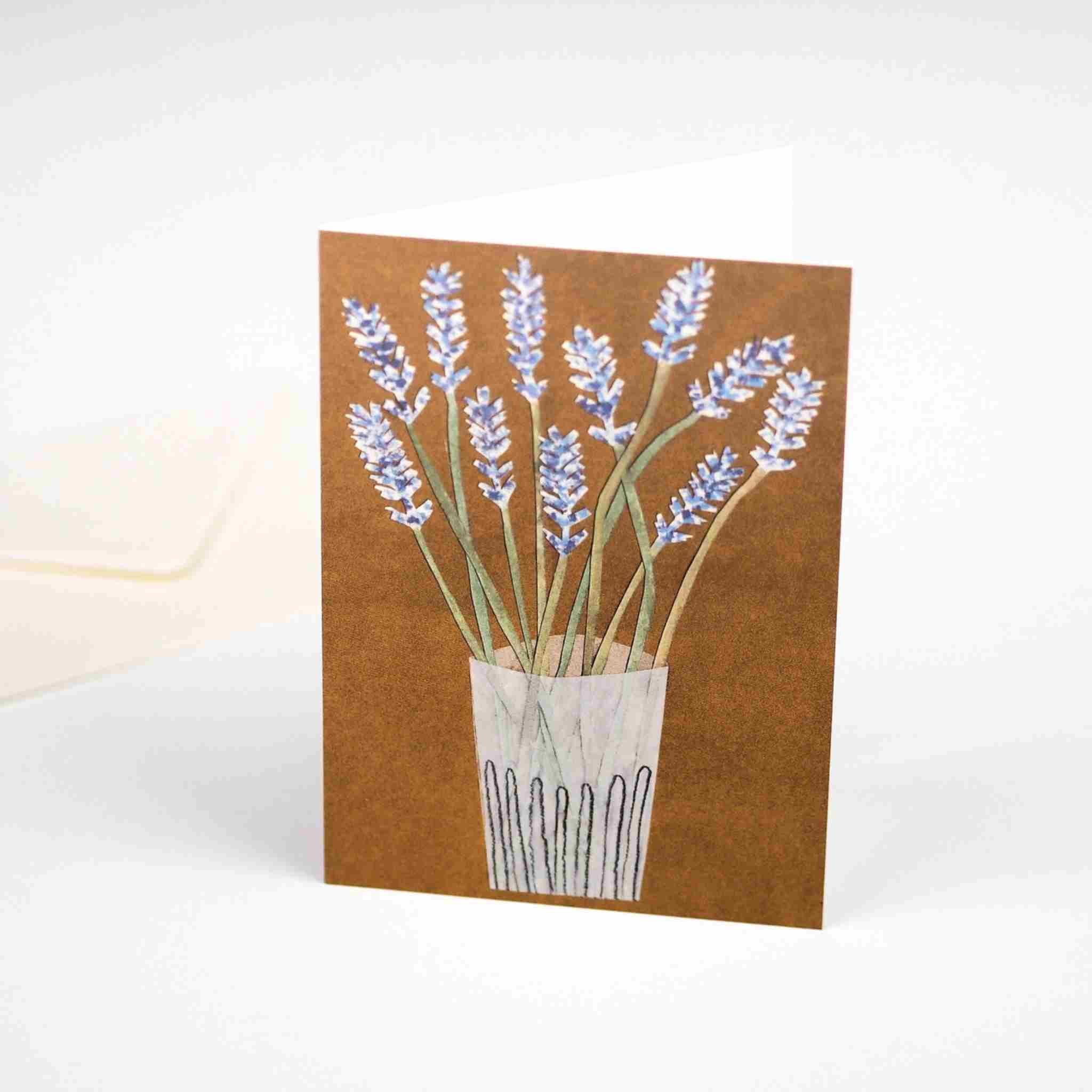 Card with lavender illustration on a brown background