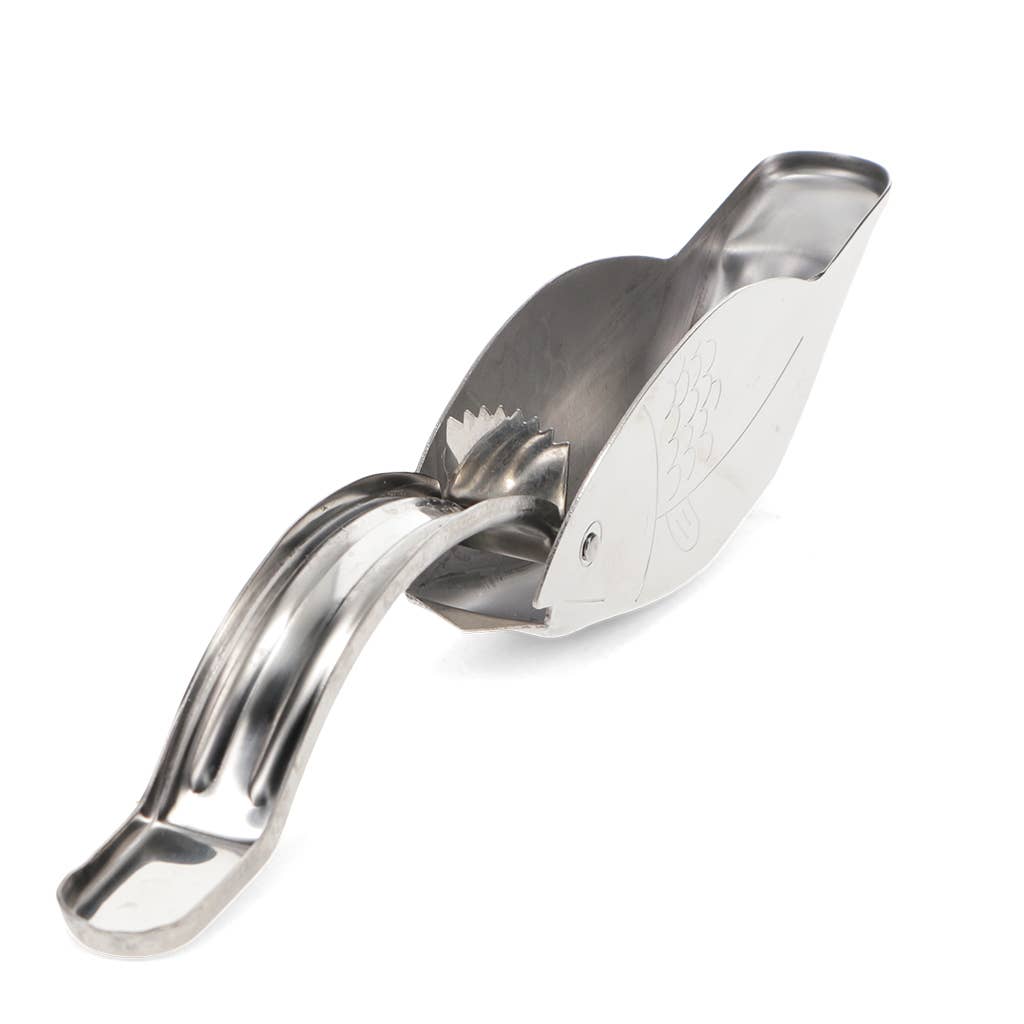 Metallic scoop with a handle on a white background
