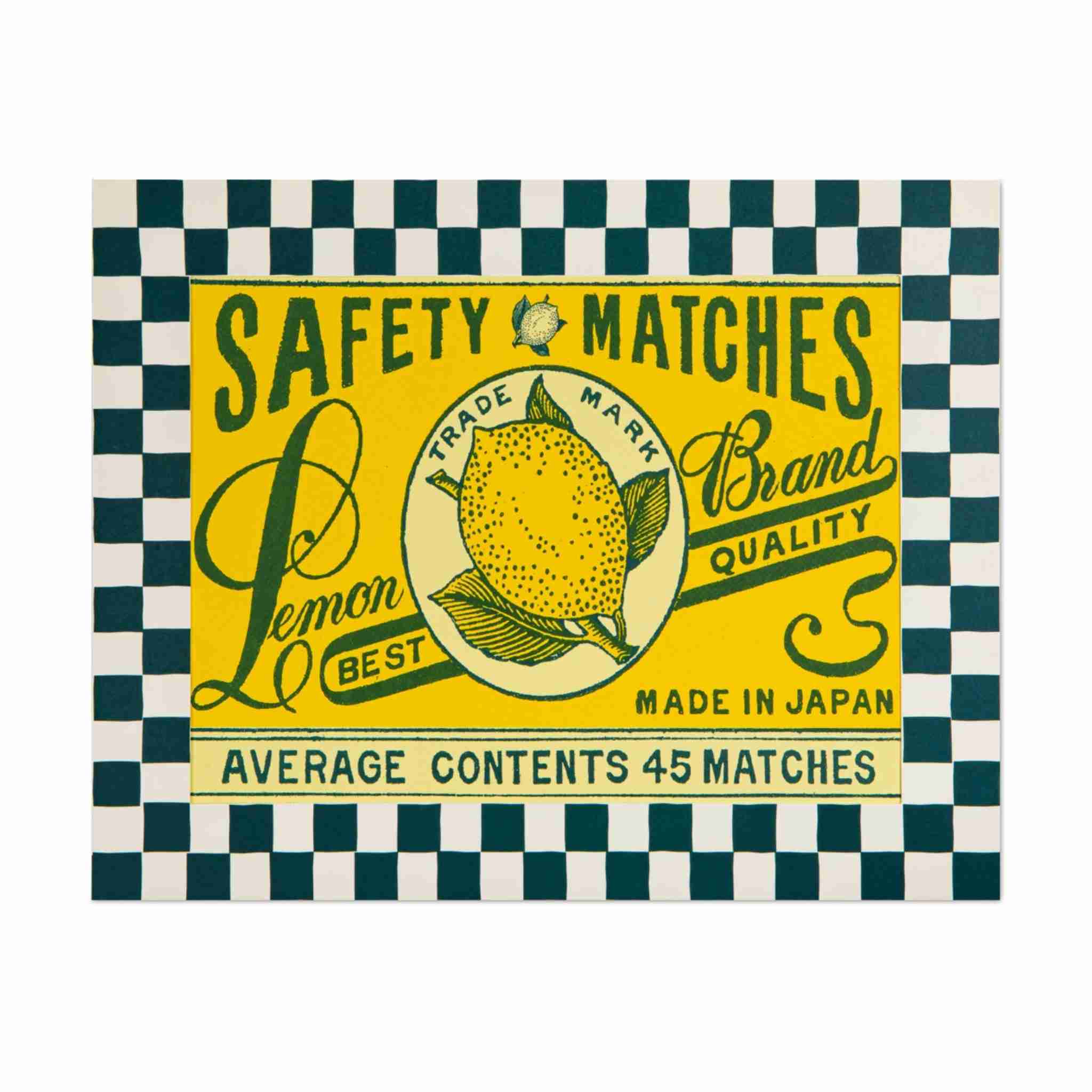 Vintage-style matchbox label with lemon illustration and checkered border