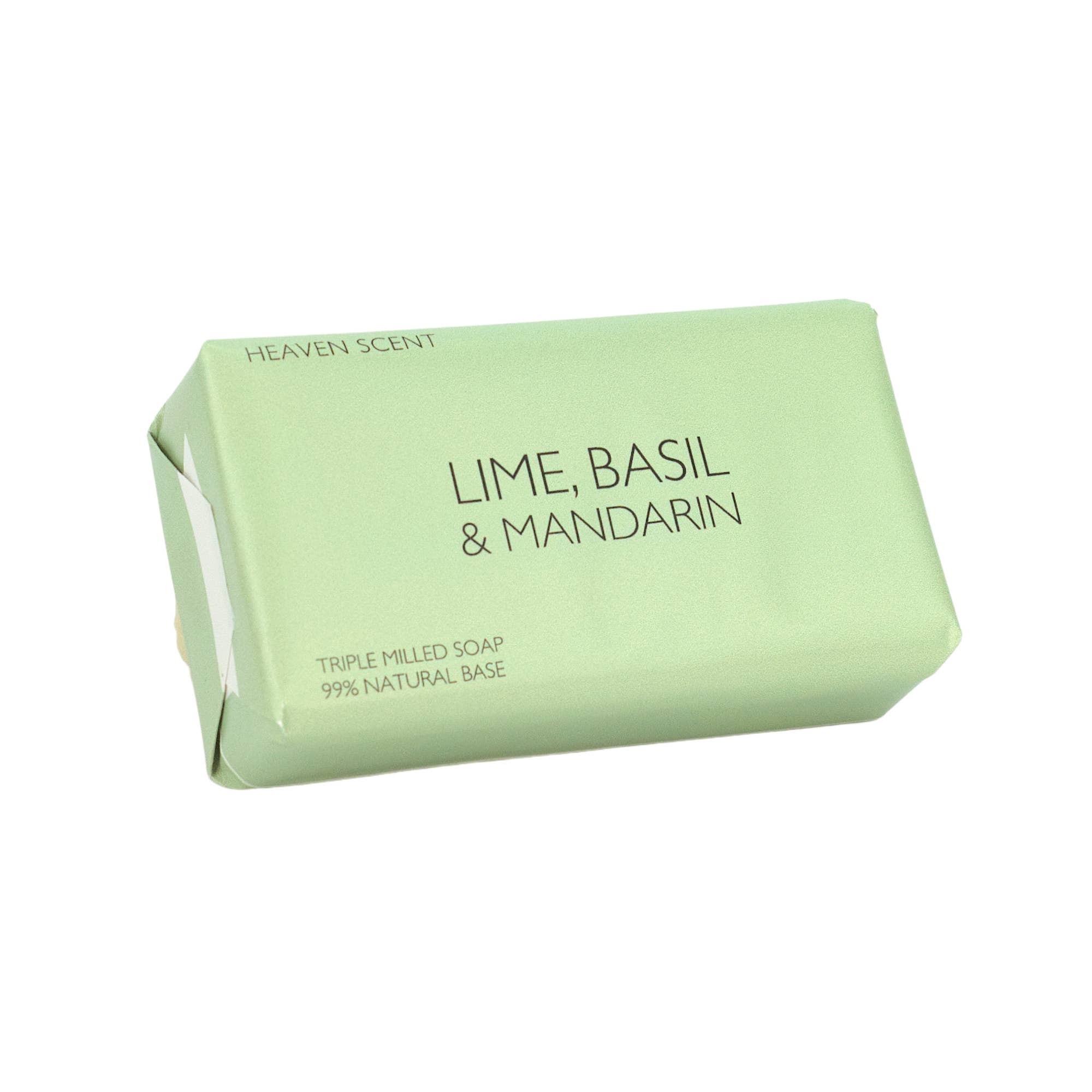 Green soap bar with 'Lime, Basil & Mandarin' fragrance on a white background