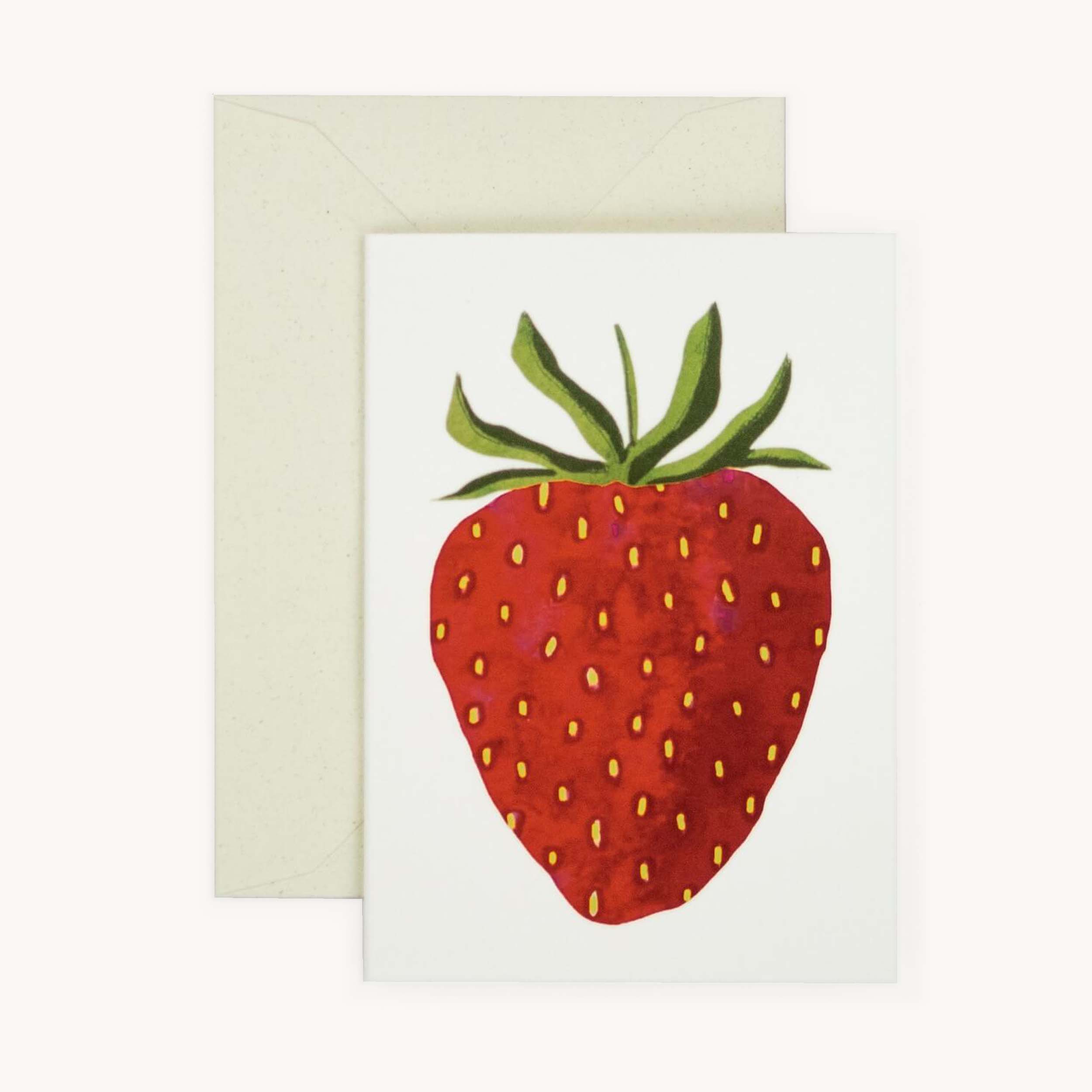 Greeting card with a red strawberry illustration on a white background