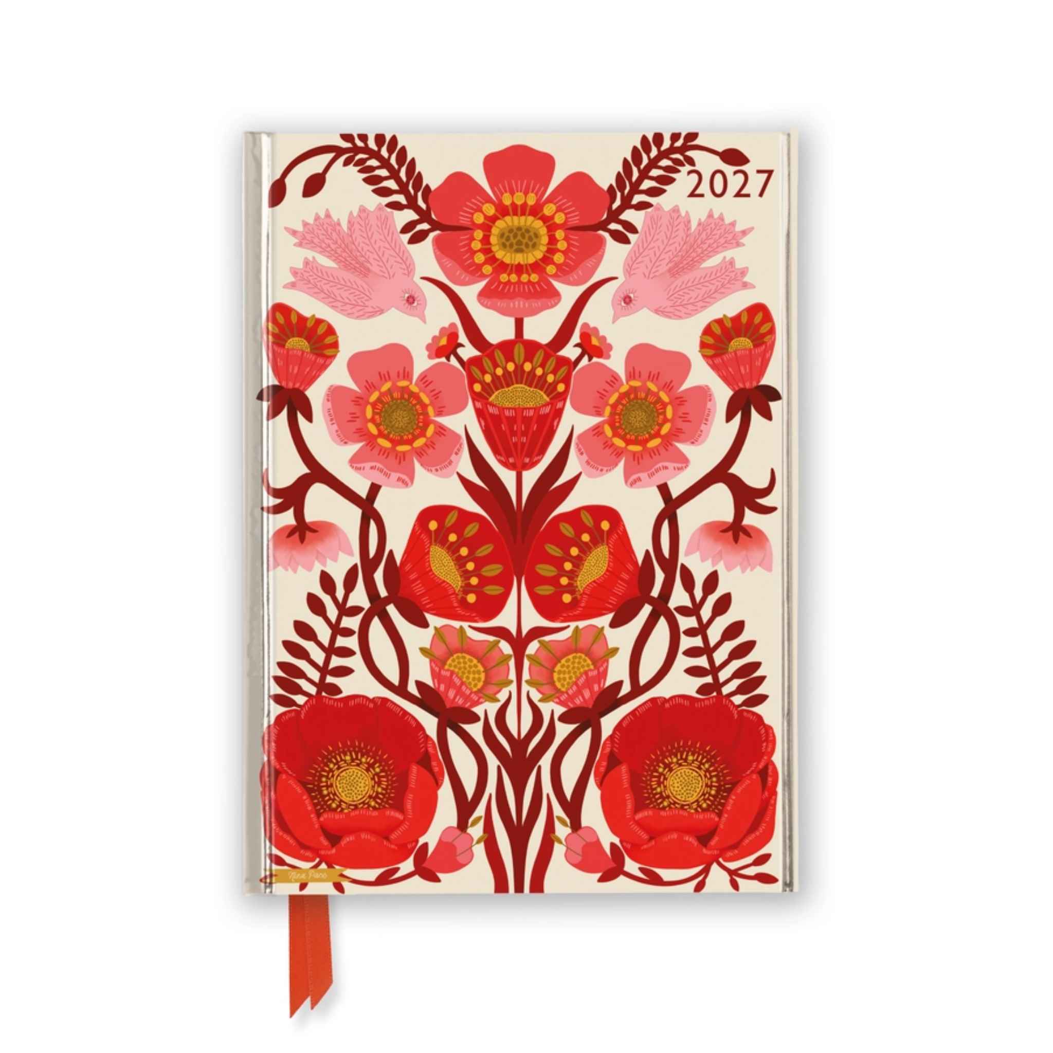 A 2027 hardcover planner with a cream-colored cover decorated with a symmetrical floral pattern in red, pink, and orange, featuring a red ribbon bookmark.
