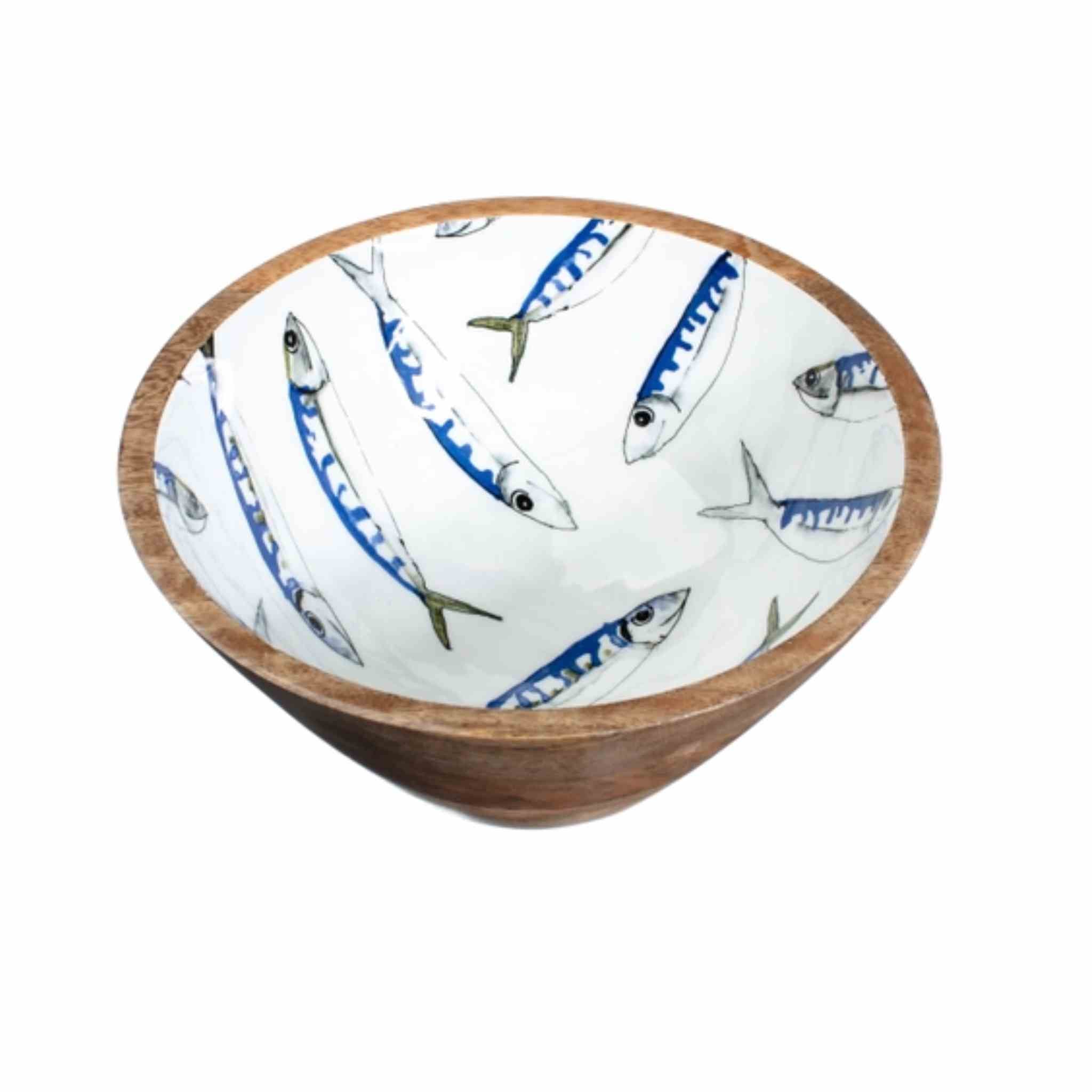 A handcrafted wooden bowl with a white interior printed with blue and gray painted fish, set against a plain white background.
