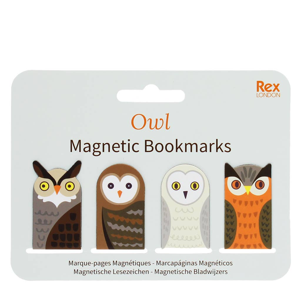 Owl Magnetic Bookmarks set in its original retail blister packaging, featuring four distinct owl illustrations in brown, white, gray, and orange.
