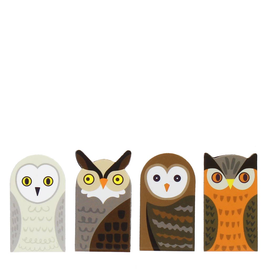 Four stylized owl illustrations in different colors, arranged in a row on a plain white background.