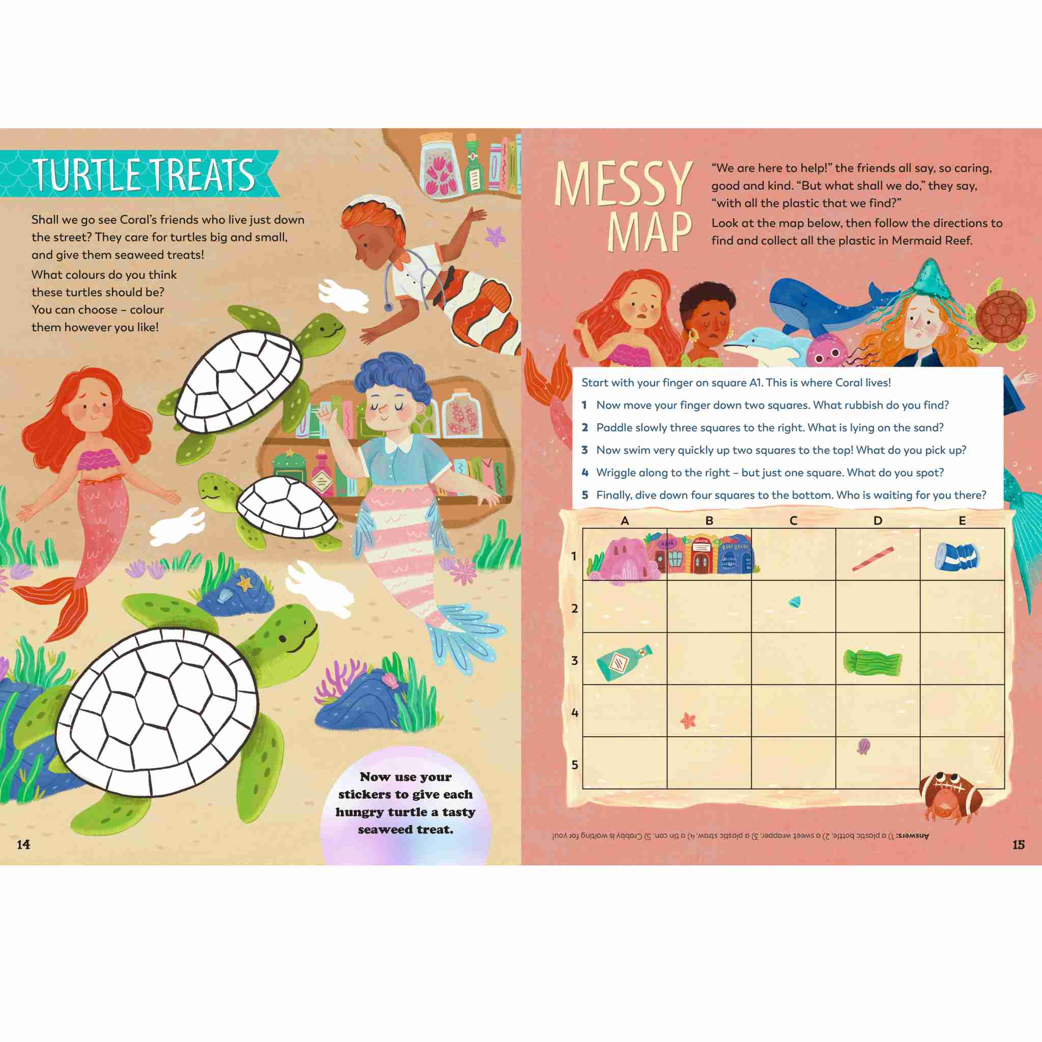 Children's activity book with turtle treats and messy map sections.
