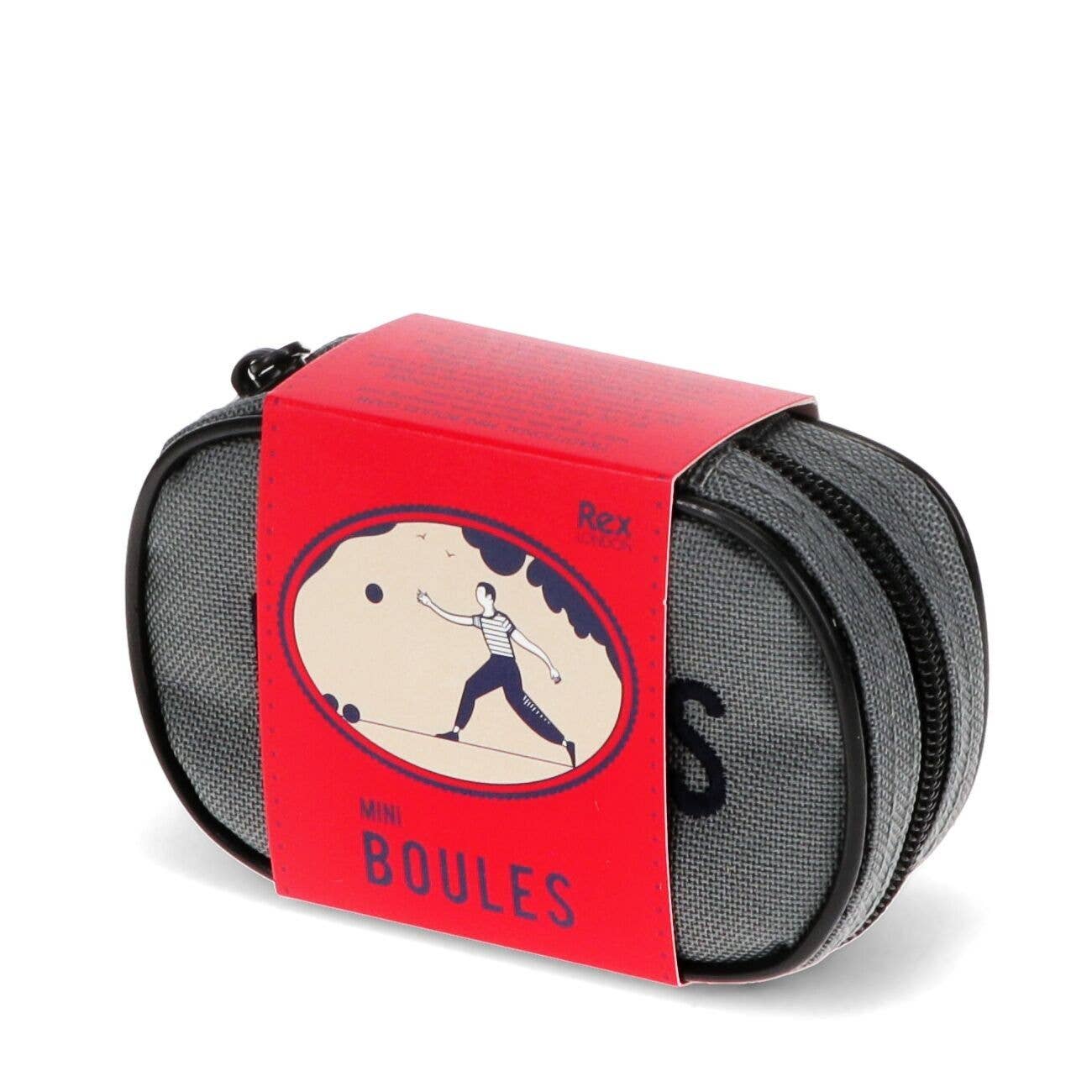 Red packaging for mini boules game with black bag on a white background