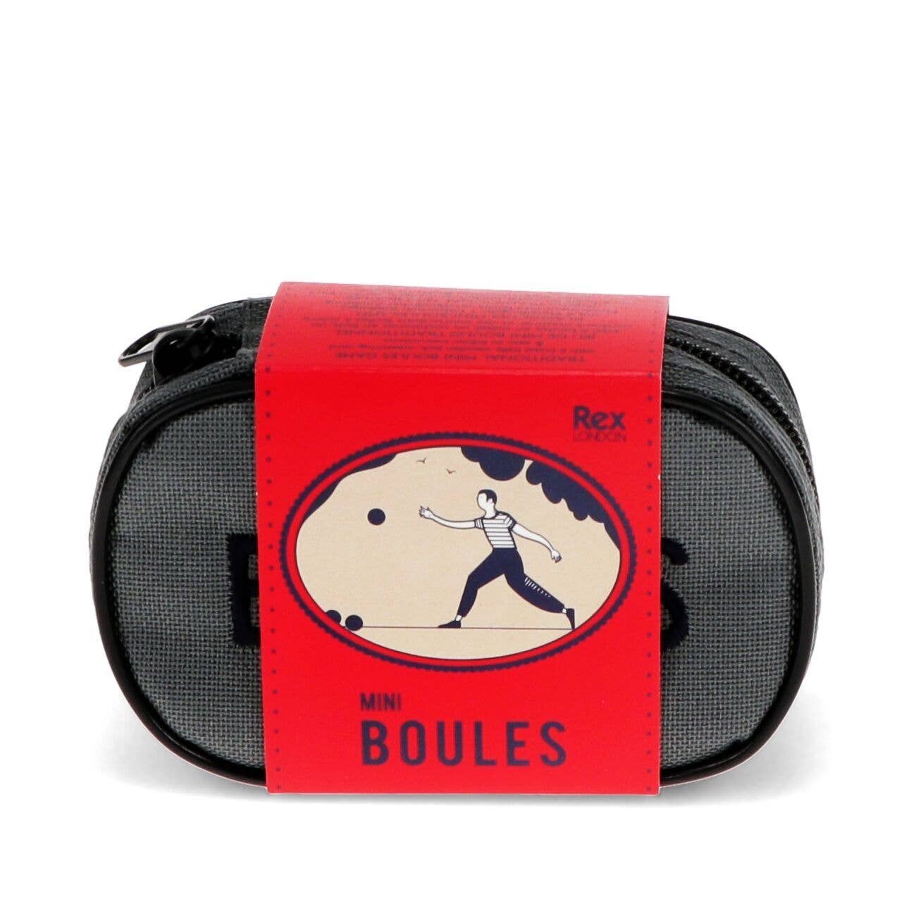 Black carrying case with a red label featuring 'Mini Boules' text and graphics on a white background.