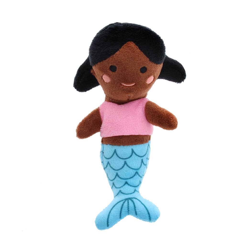 Plush toy mermaid with a pink top and blue tail on a white background