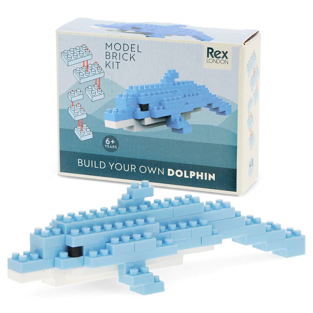 Model brick kit packaging for building a dolphin with Rex London branding.