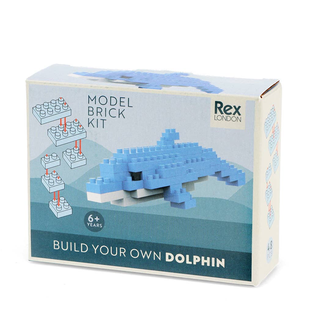 Model brick kit packaging for building a dolphin with Rex London branding.