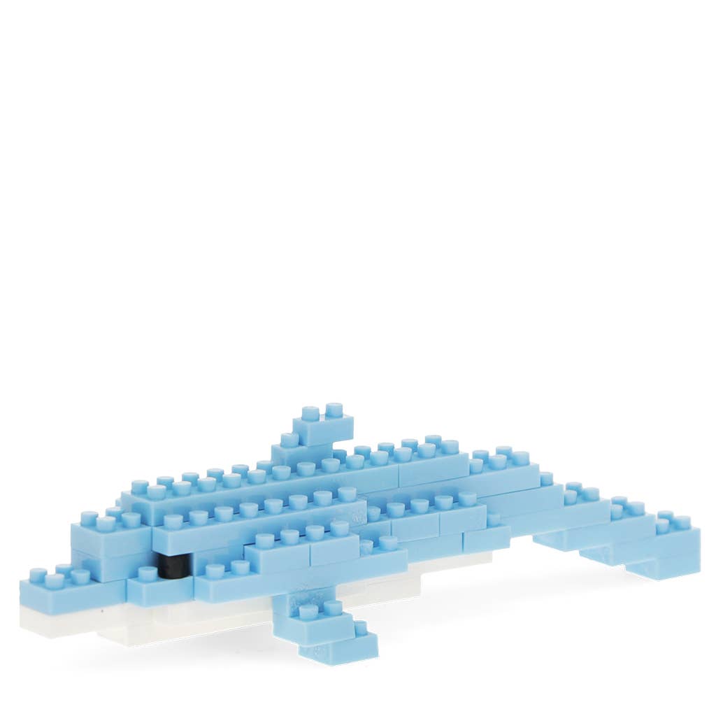 Blue dolphin made of interlocking bricks on a white background
