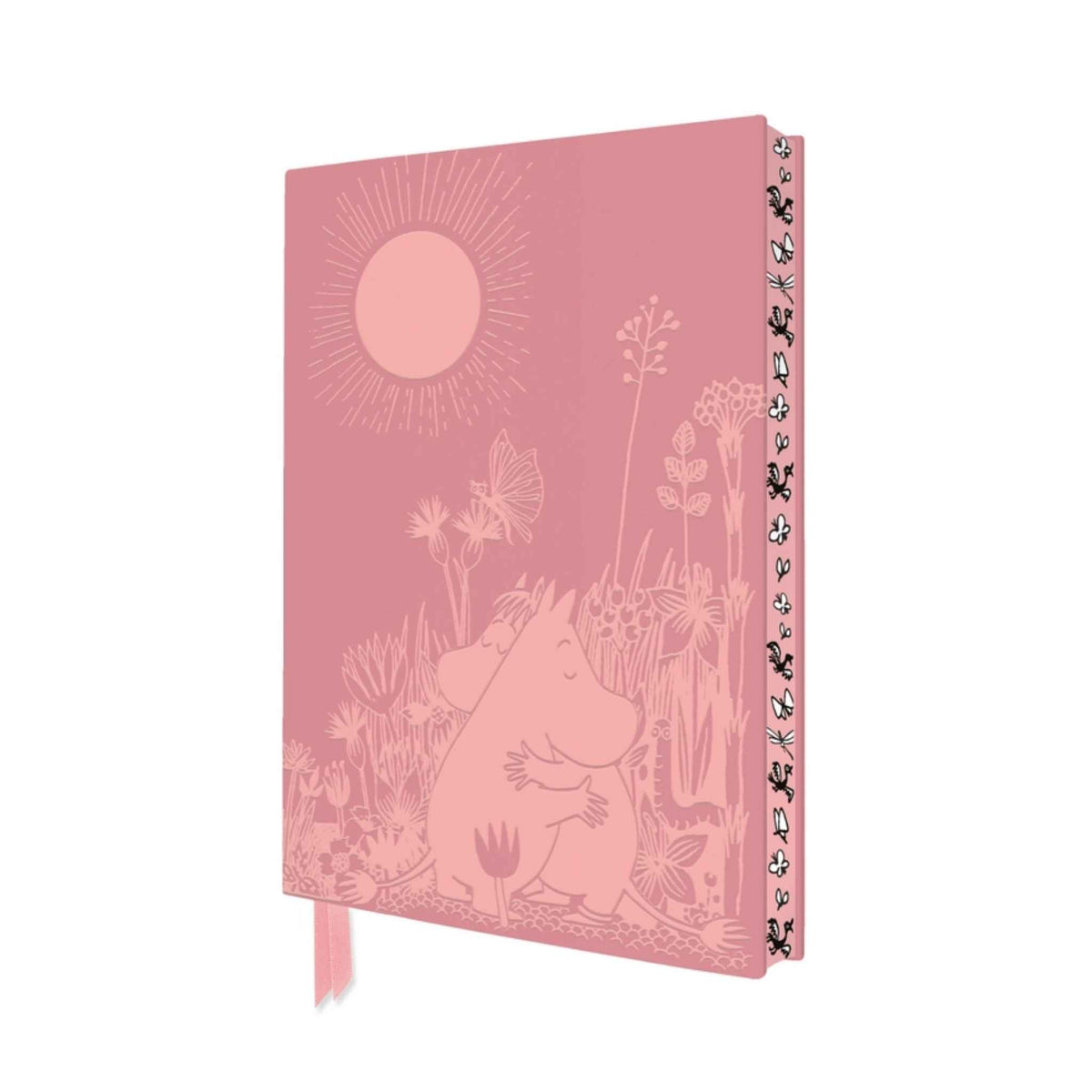 Pink Moomin Love A5 Notebook, 2 Moomins huffing in a field under the sunshine. Floral Pattern on the edge