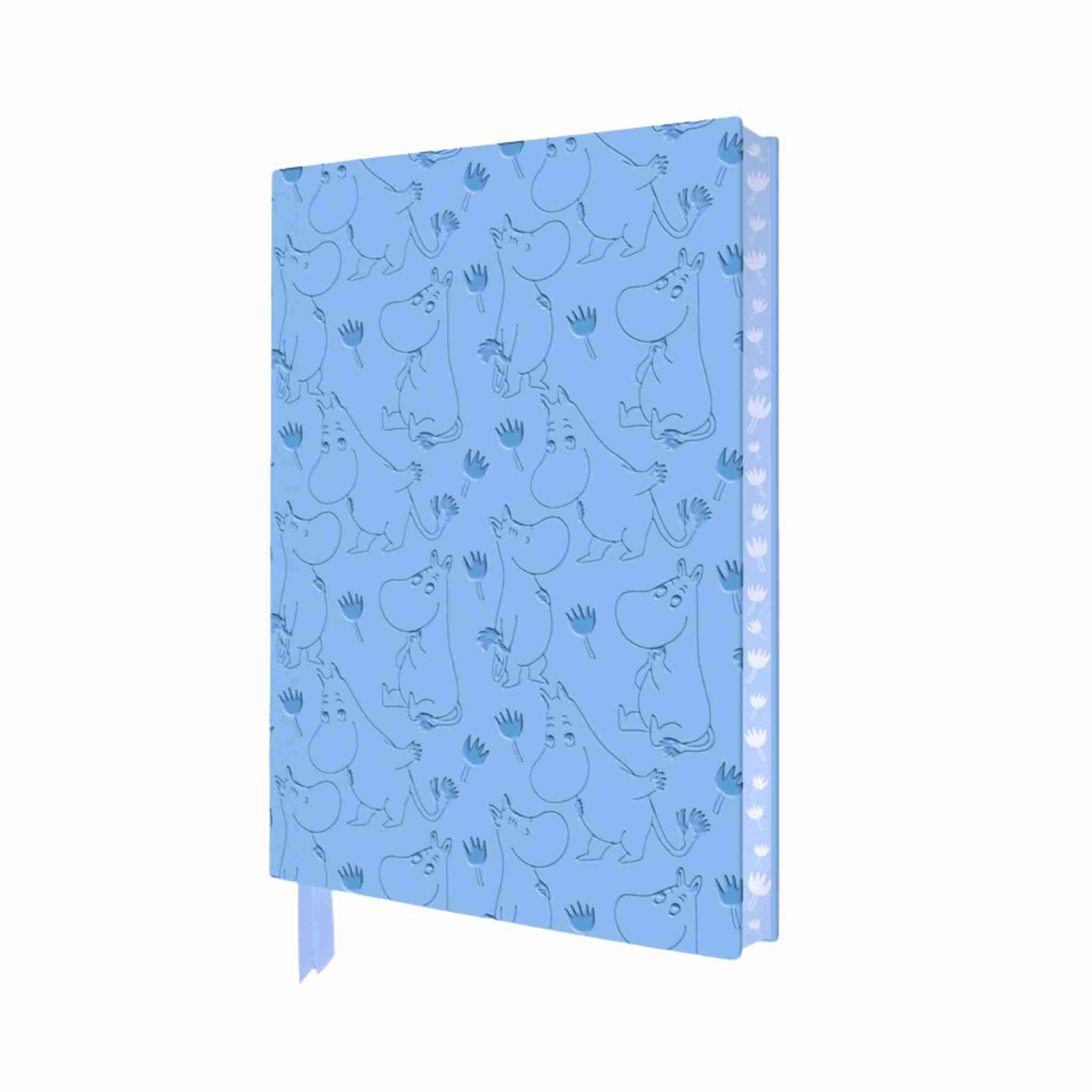 A light blue notebook with a repeating pattern of Moomin characters on the cover, featuring a matching ribbon bookmark