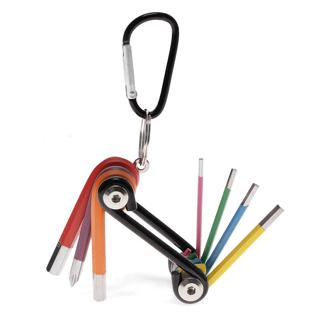 Multicolored screwdriver set with carabiner on a white background