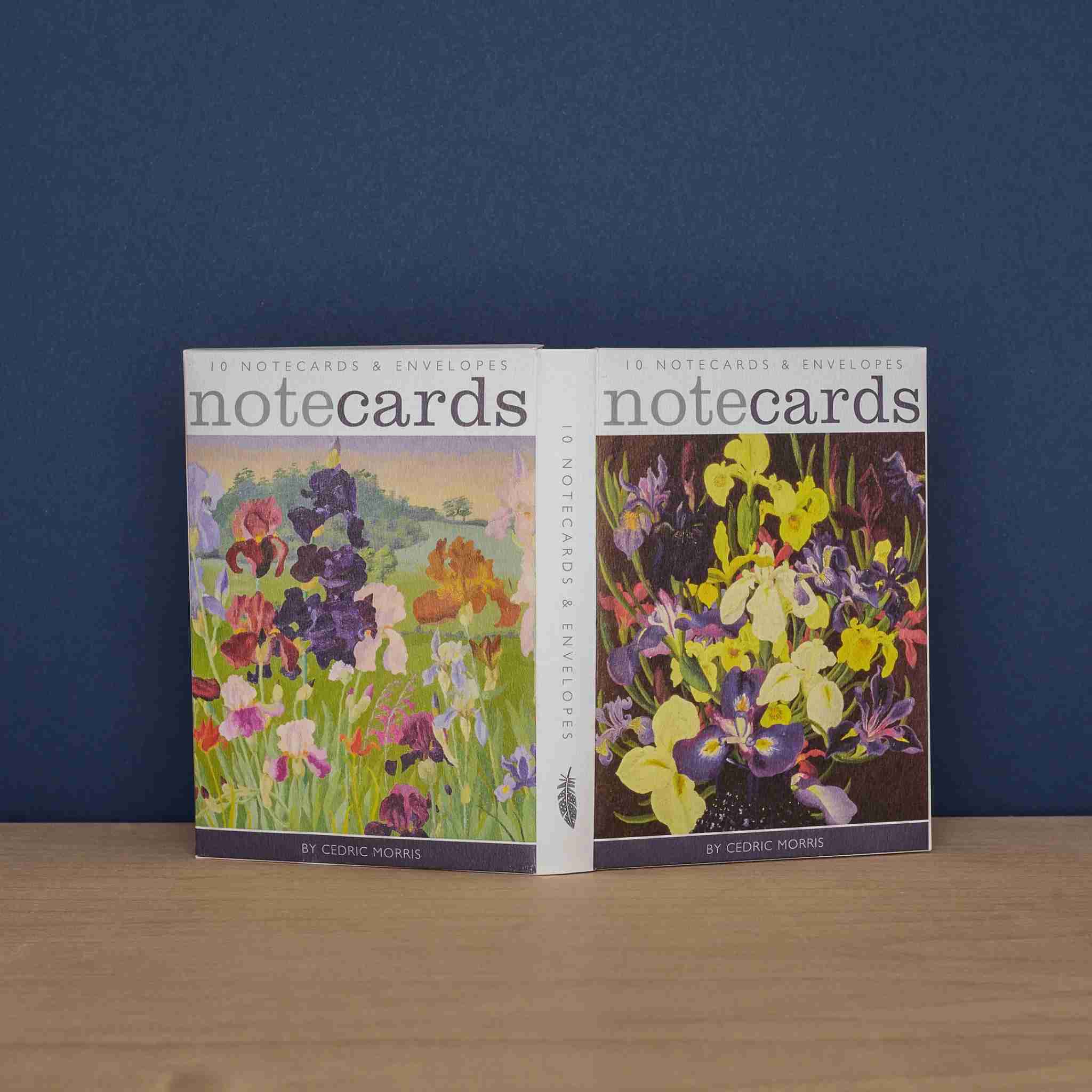 Two packages of notecards with floral designs on a wooden surface and blue background
