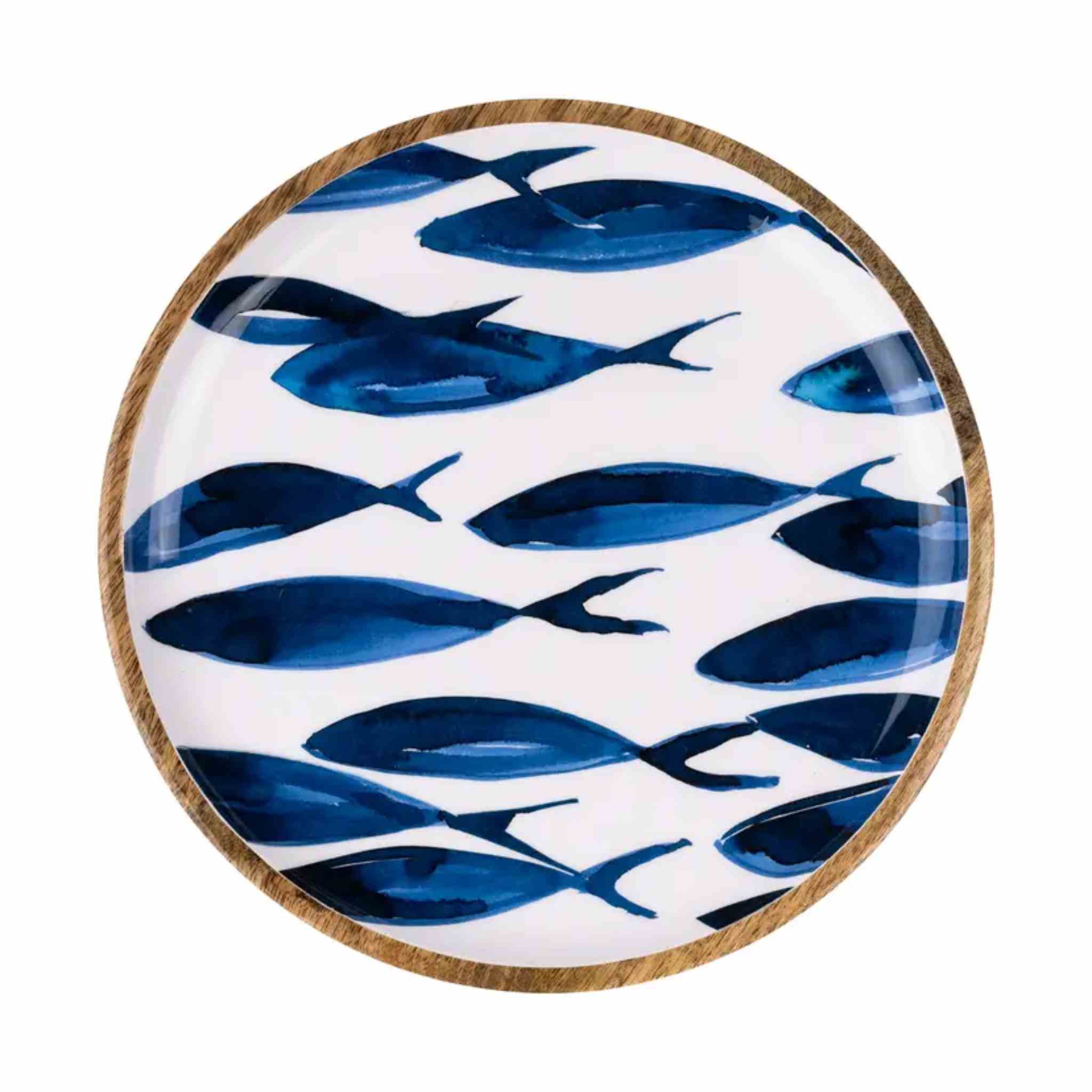 A round decorative plate featuring a pattern of blue fish on a white background, finished with a natural wood rim.