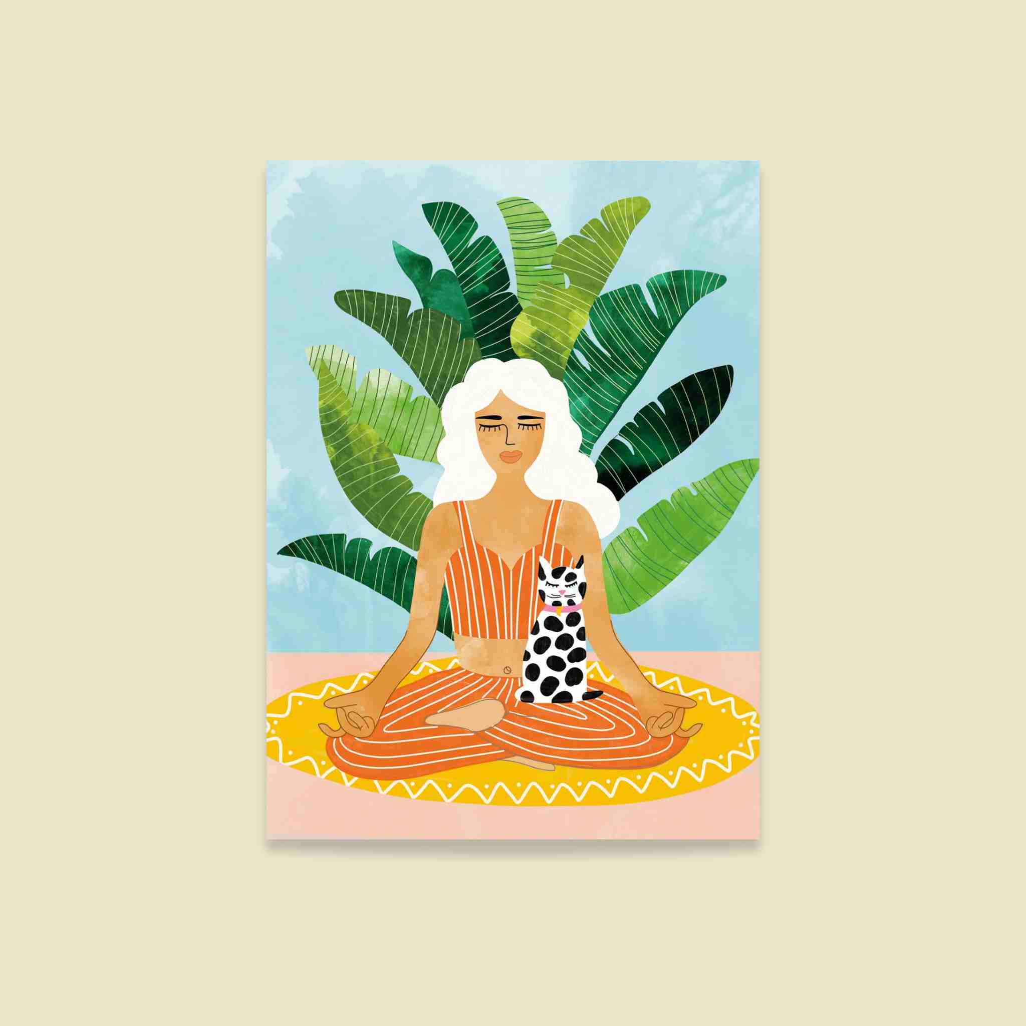Illustration of a woman meditating with palm leaves on a light beige background