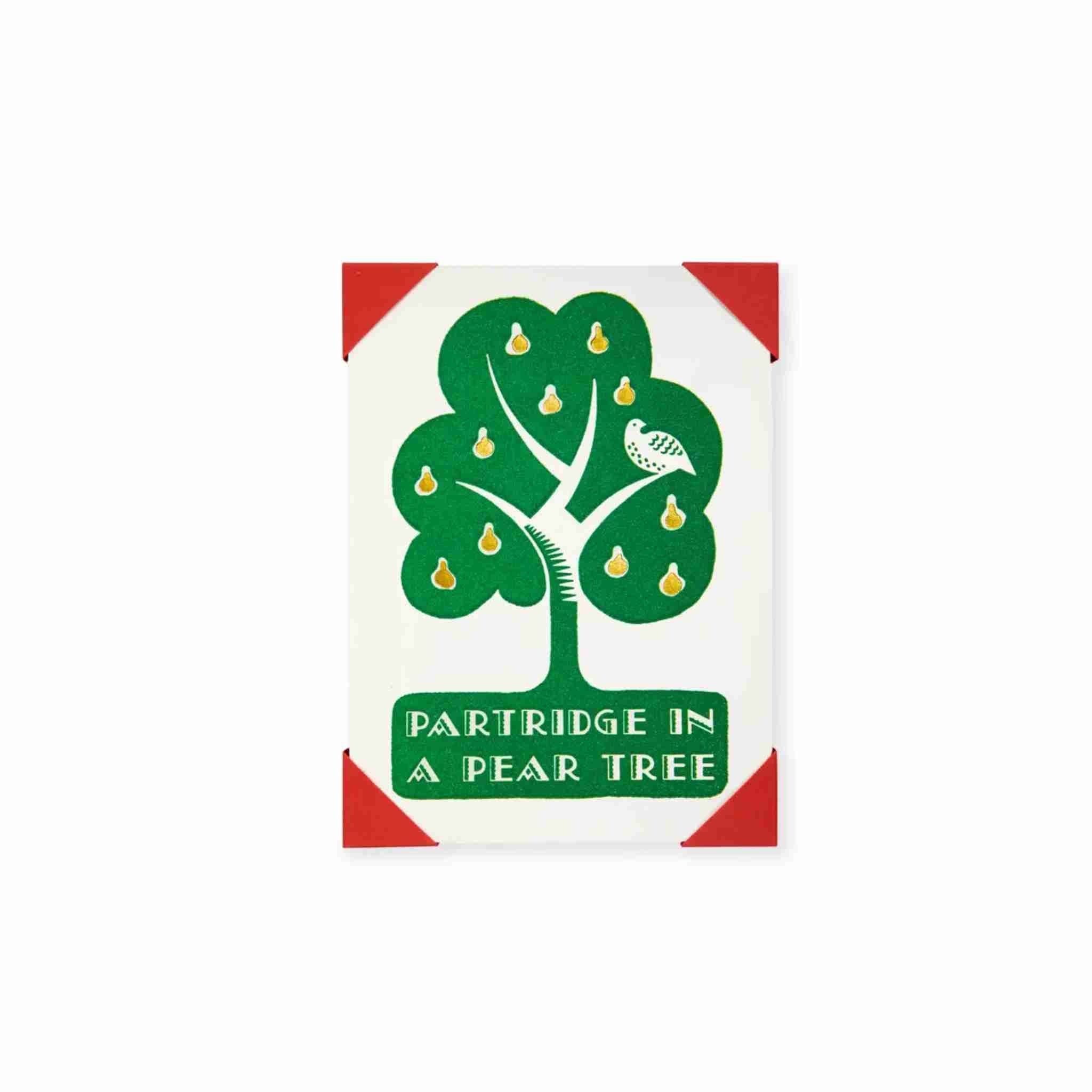 Decorative sign with a green pear tree and text on a white background