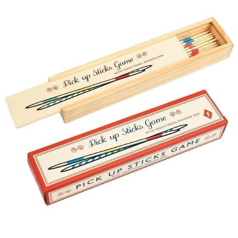 Pick up sticks game with wooden box on a white background