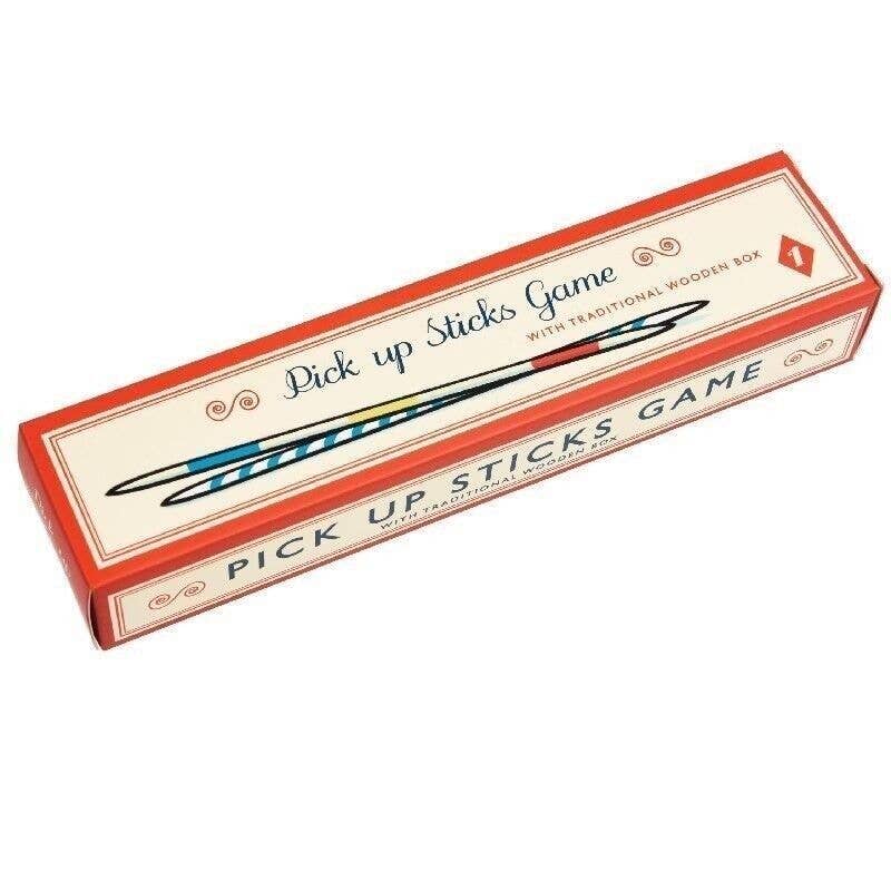 Box of 'Pick up Sticks Game' with red and white design on a white background