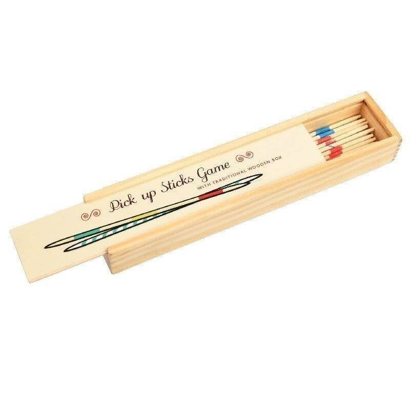 Wooden box containing 'Pick up Sticks' game with colorful sticks on a white background