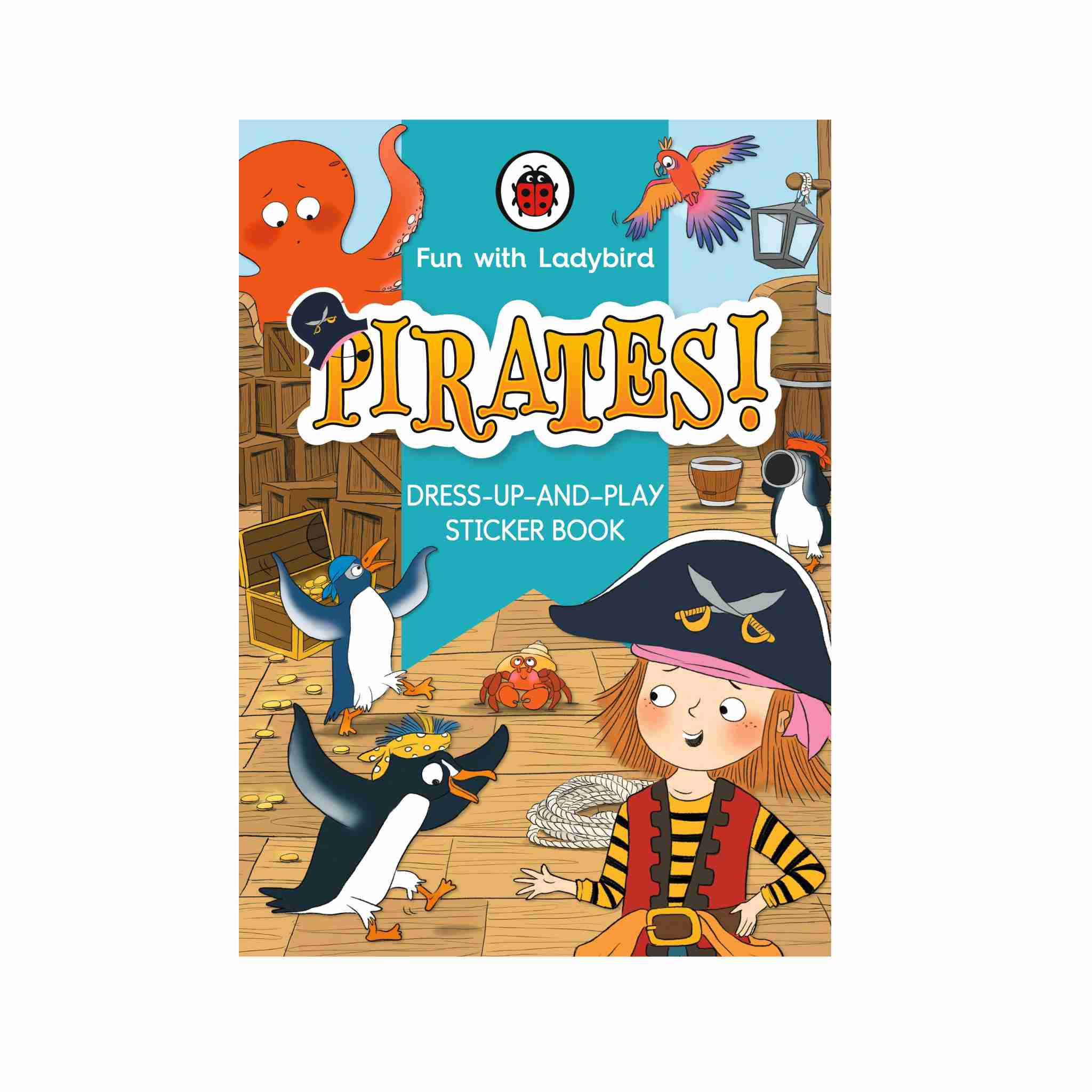 Book cover of 'Pirates!' dress-up and play sticker book with a pirate-themed illustration.
