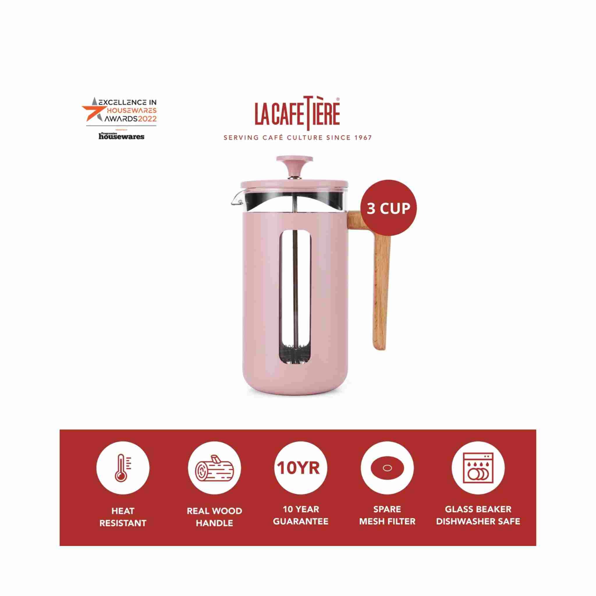 Pink French press coffee maker with La Cafétière branding on a white background