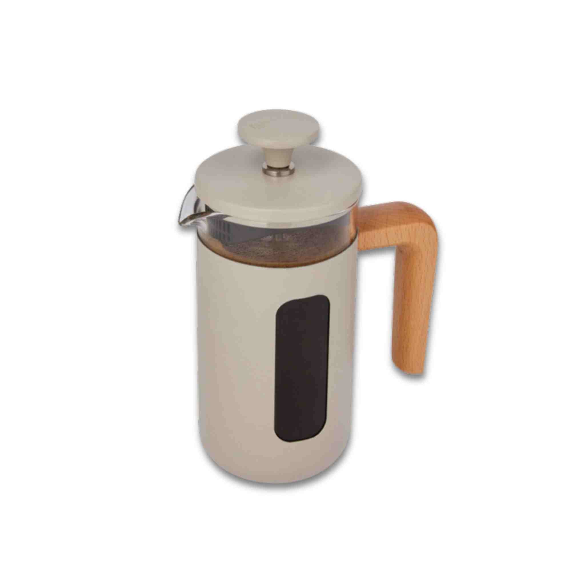 French press coffee maker with wooden handle on a white background