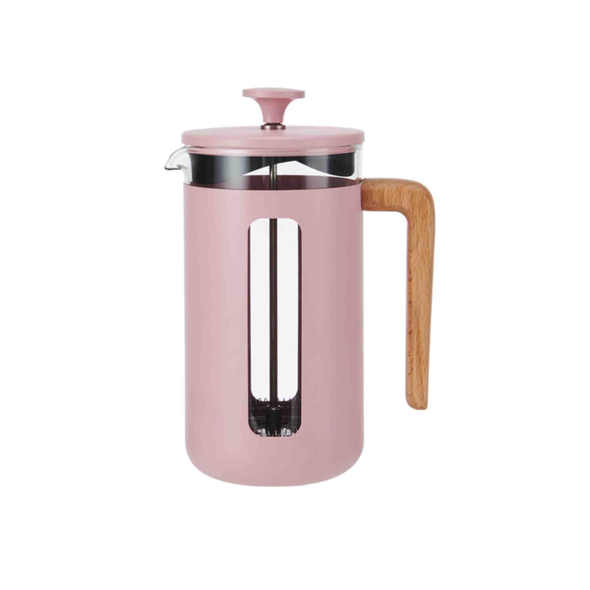 Pink French press coffee maker with wooden handle on a white background