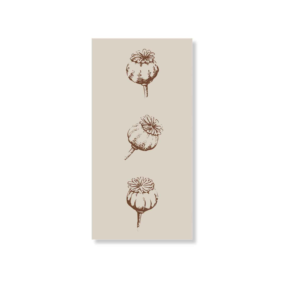 A vertical rectangular paper napkin featuring three brown botanical illustrations of poppy-like seed pods on a warm beige background, 