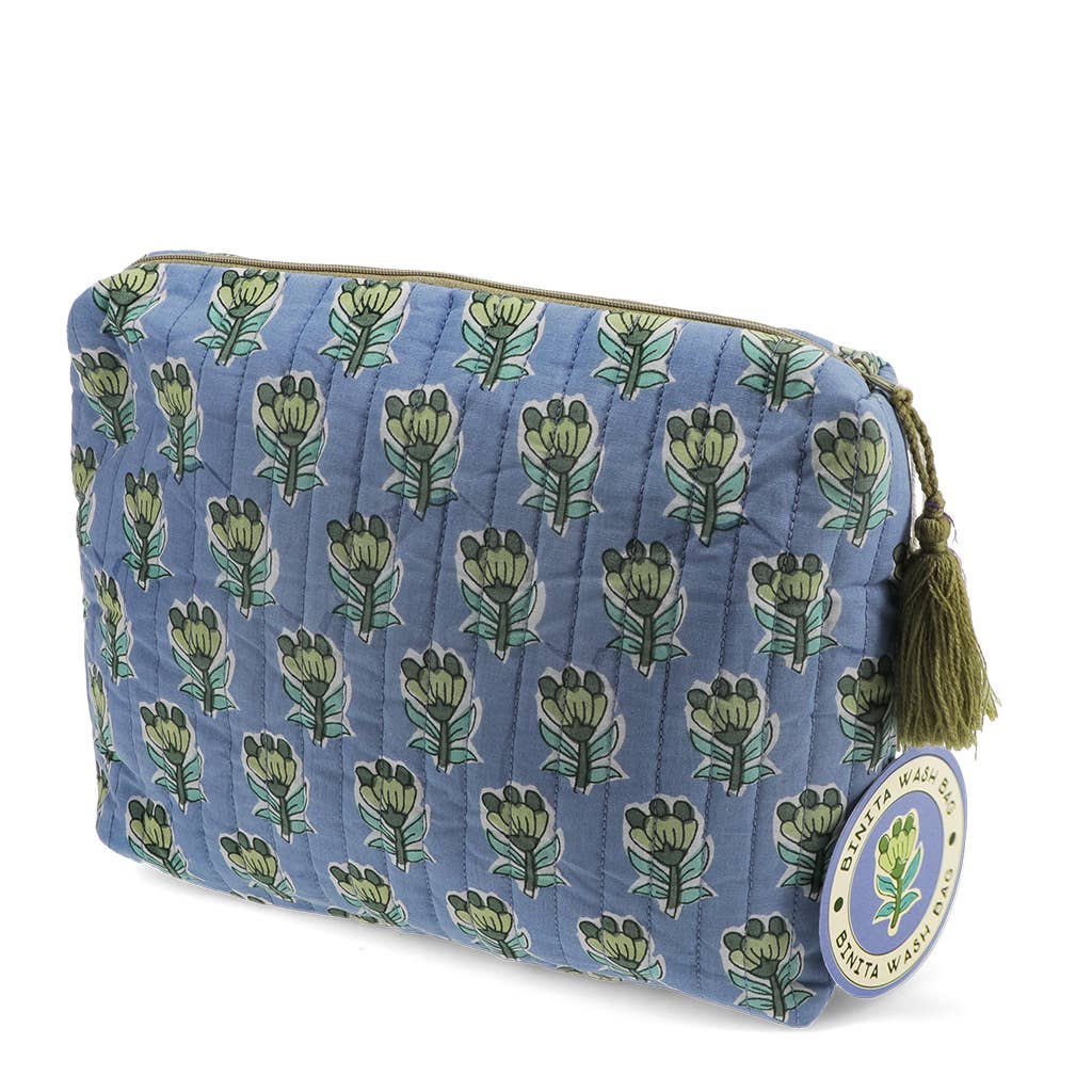 Blue floral-patterned pouch with a tassel on a white background