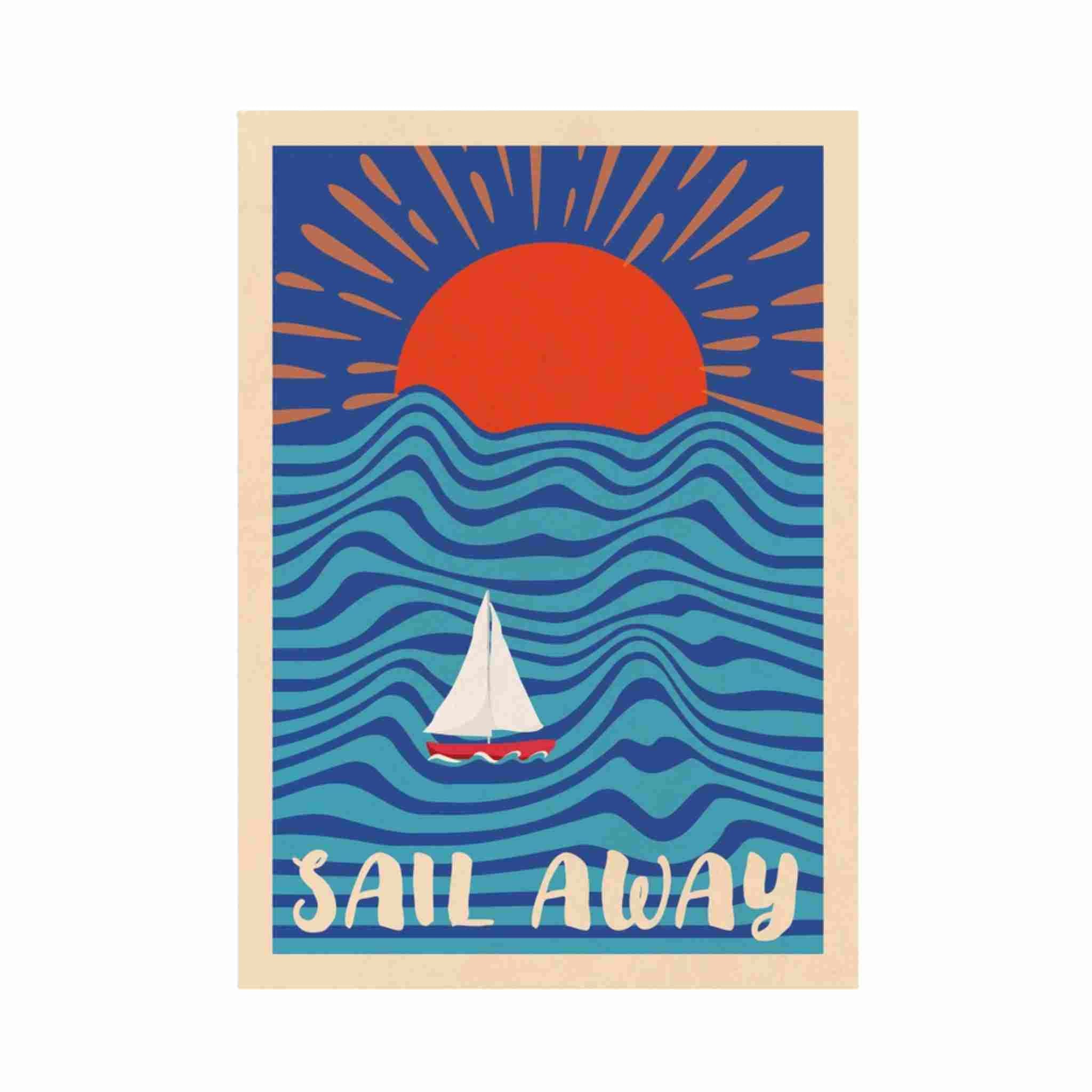 Poster with a sailboat design and 'Sail Away' text on a blue wave background.