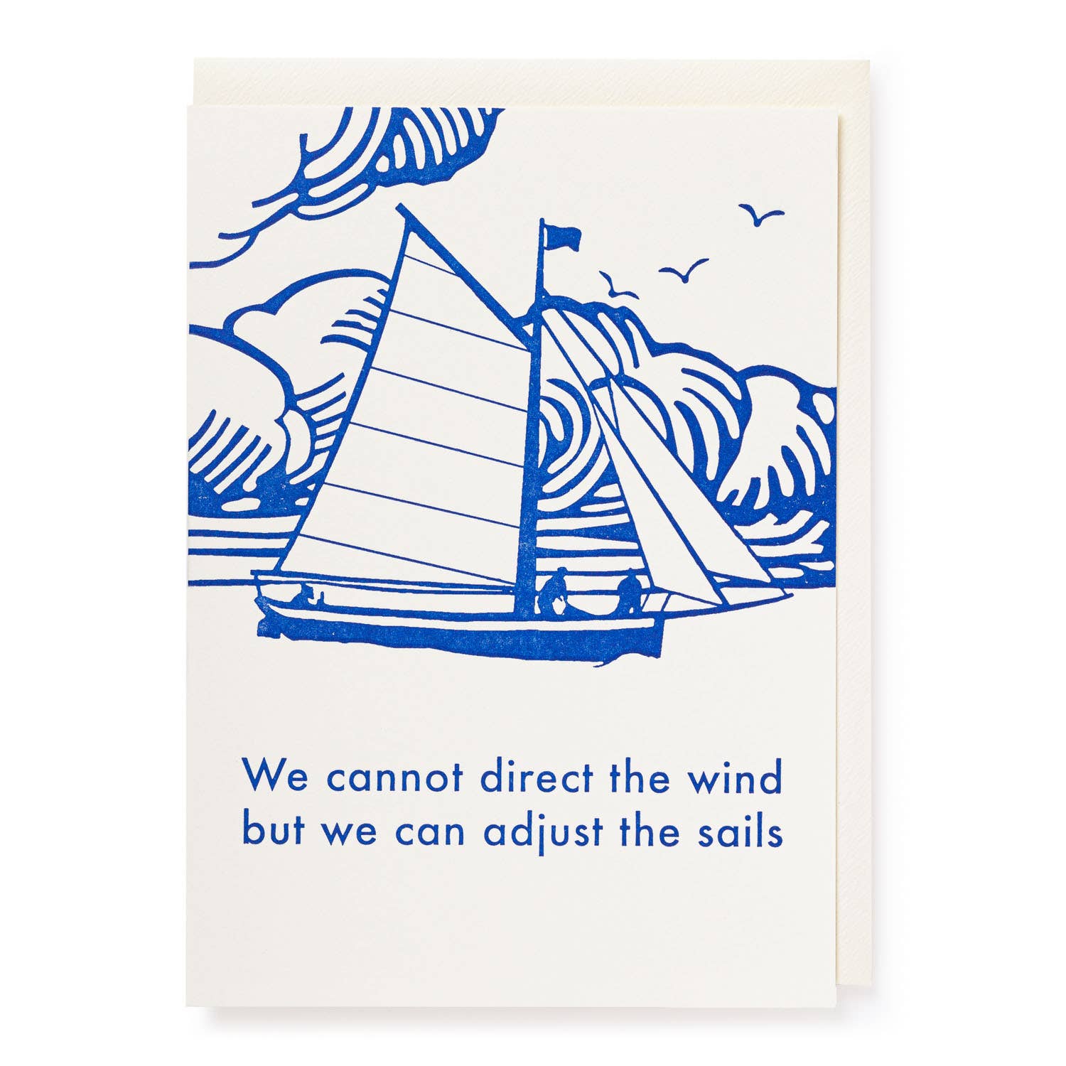 Card with blue sailboat illustration and motivational quote on a white background