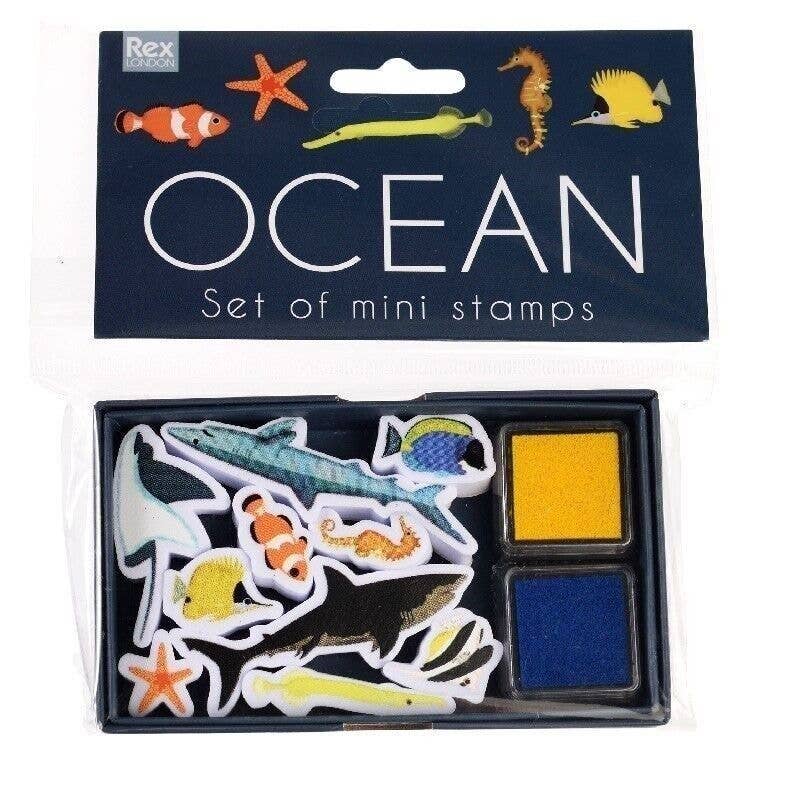 Set of ocean-themed mini stamps with ink pads in packaging