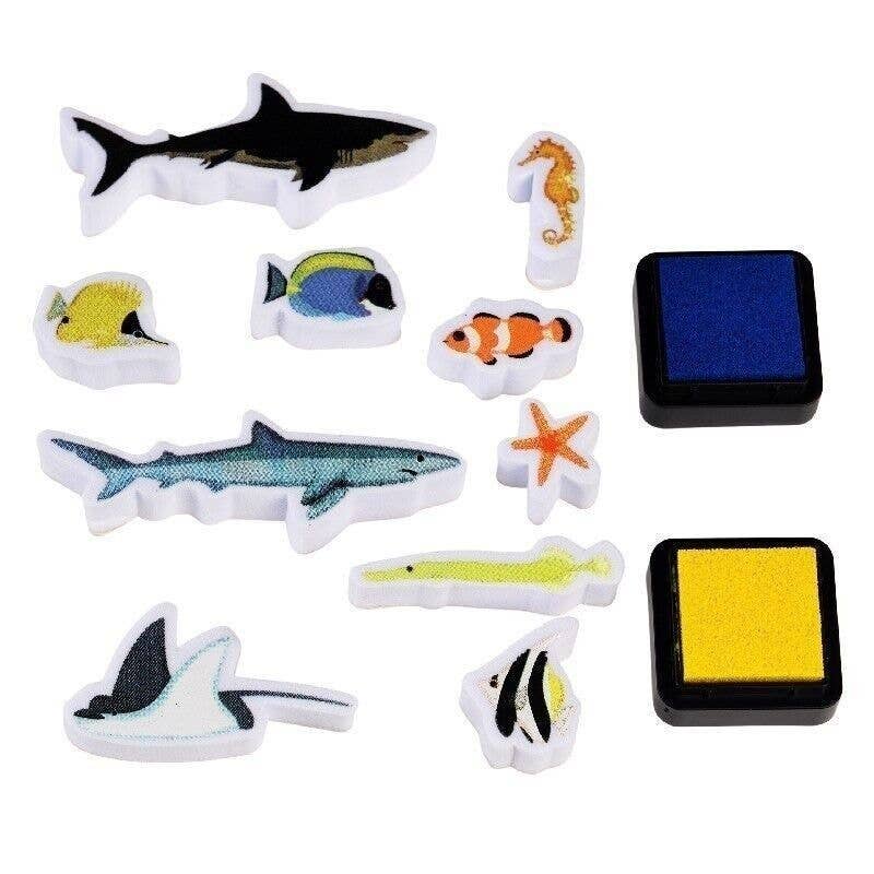 Set of sea animal stamps with ink pads on a white background