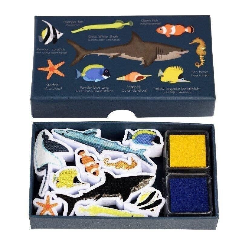 Box of ocean-themed foam stickers with various sea creatures on a white background