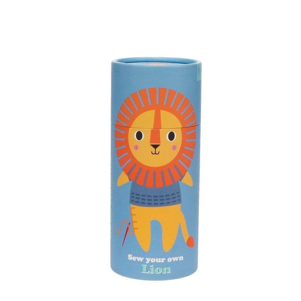 Cylindrical container with a lion design on a blue background