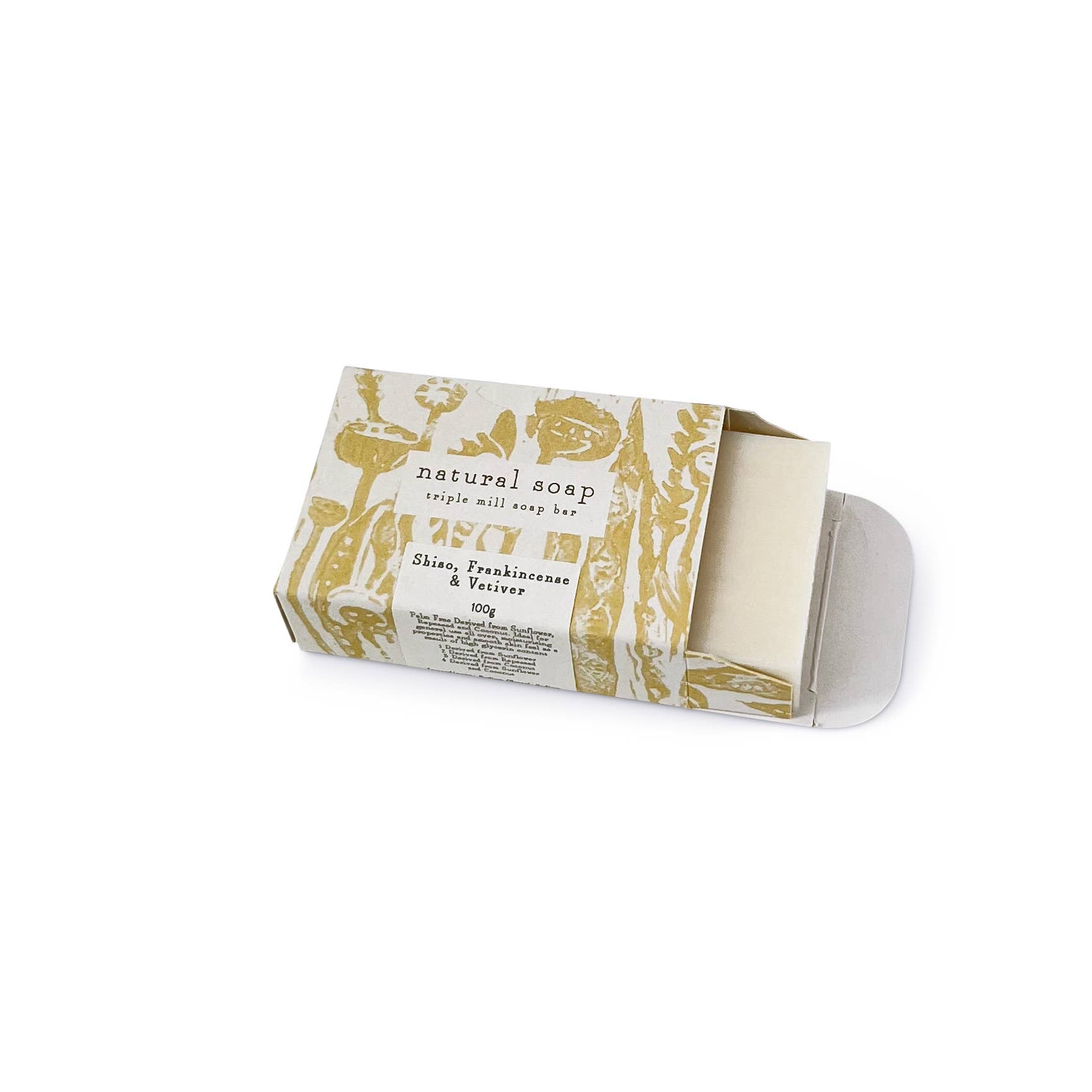 Bar of natural soap with decorative packaging on a white background