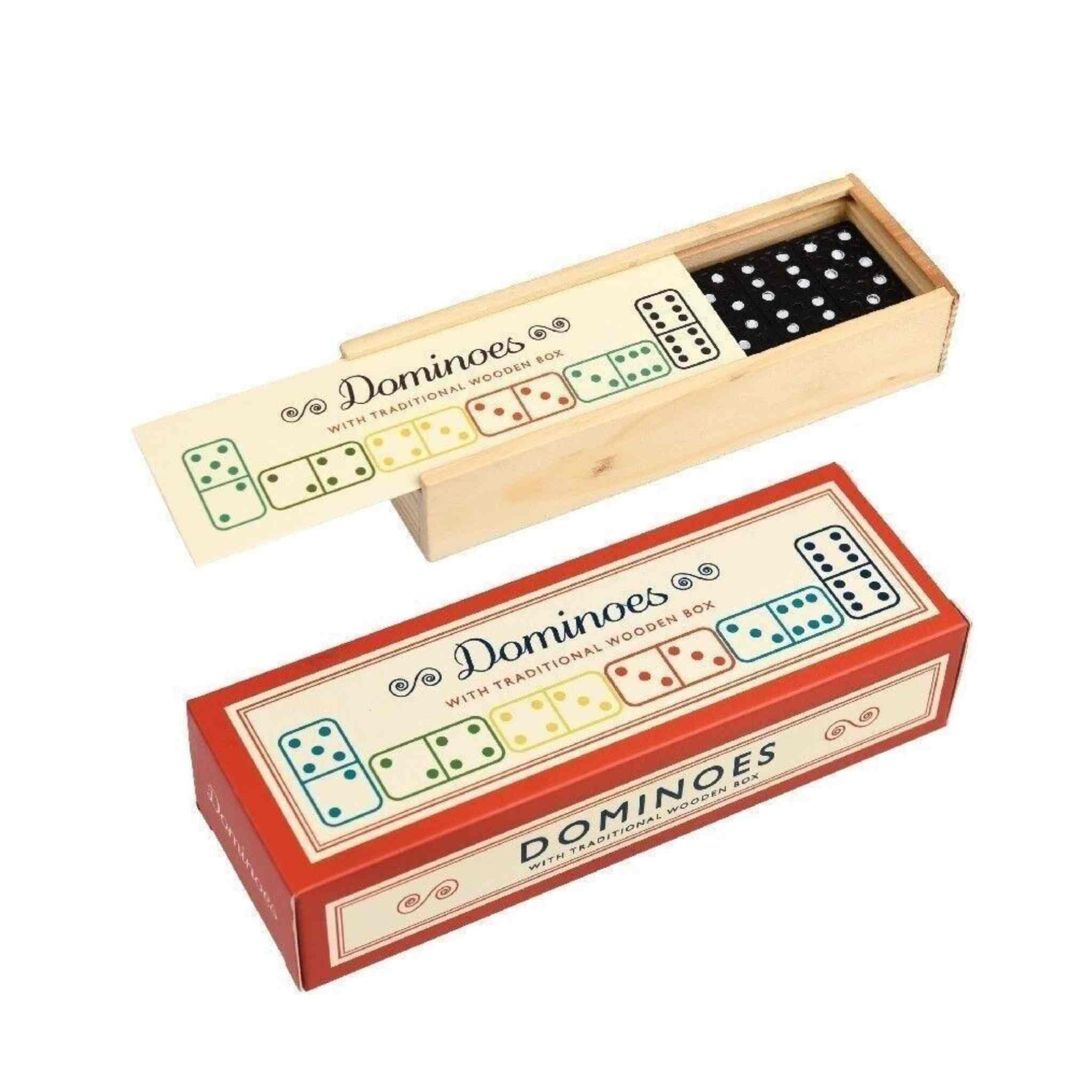 Dominoes set with wooden box on a white background