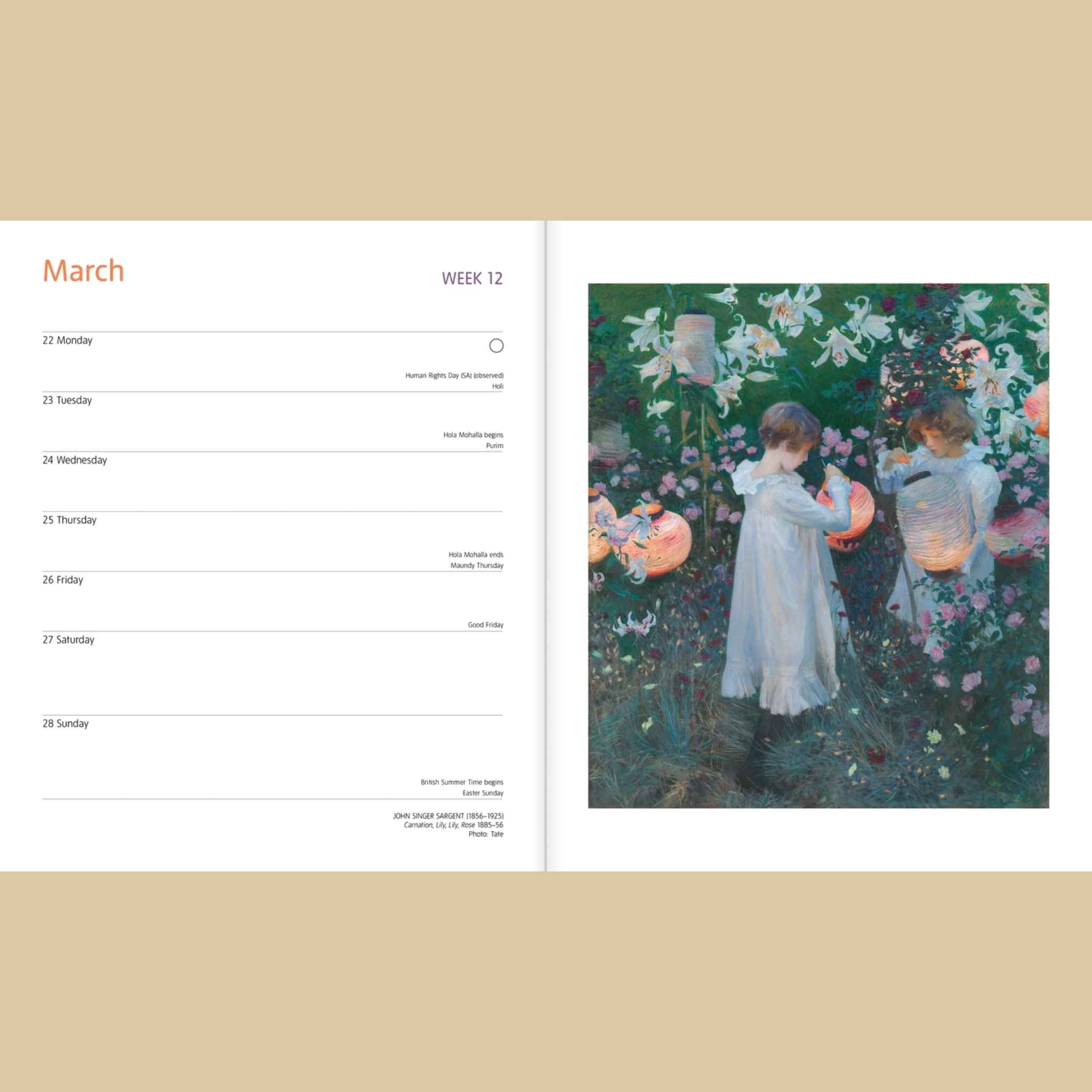 An open planner or calendar spread showing the month of March with weekly schedules on the left page and a vintage-style painting of two girls holding glowing lanterns in a flower garden 