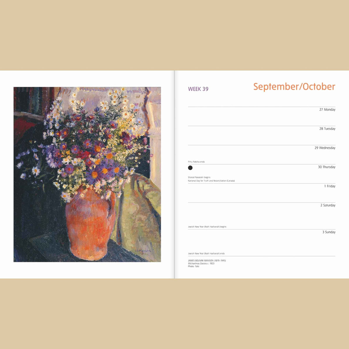 An open weekly planner spread showing a colorful still life painting of flowers in a vase on the left page and a blank schedule layout for Week 39, September/October, on the right page