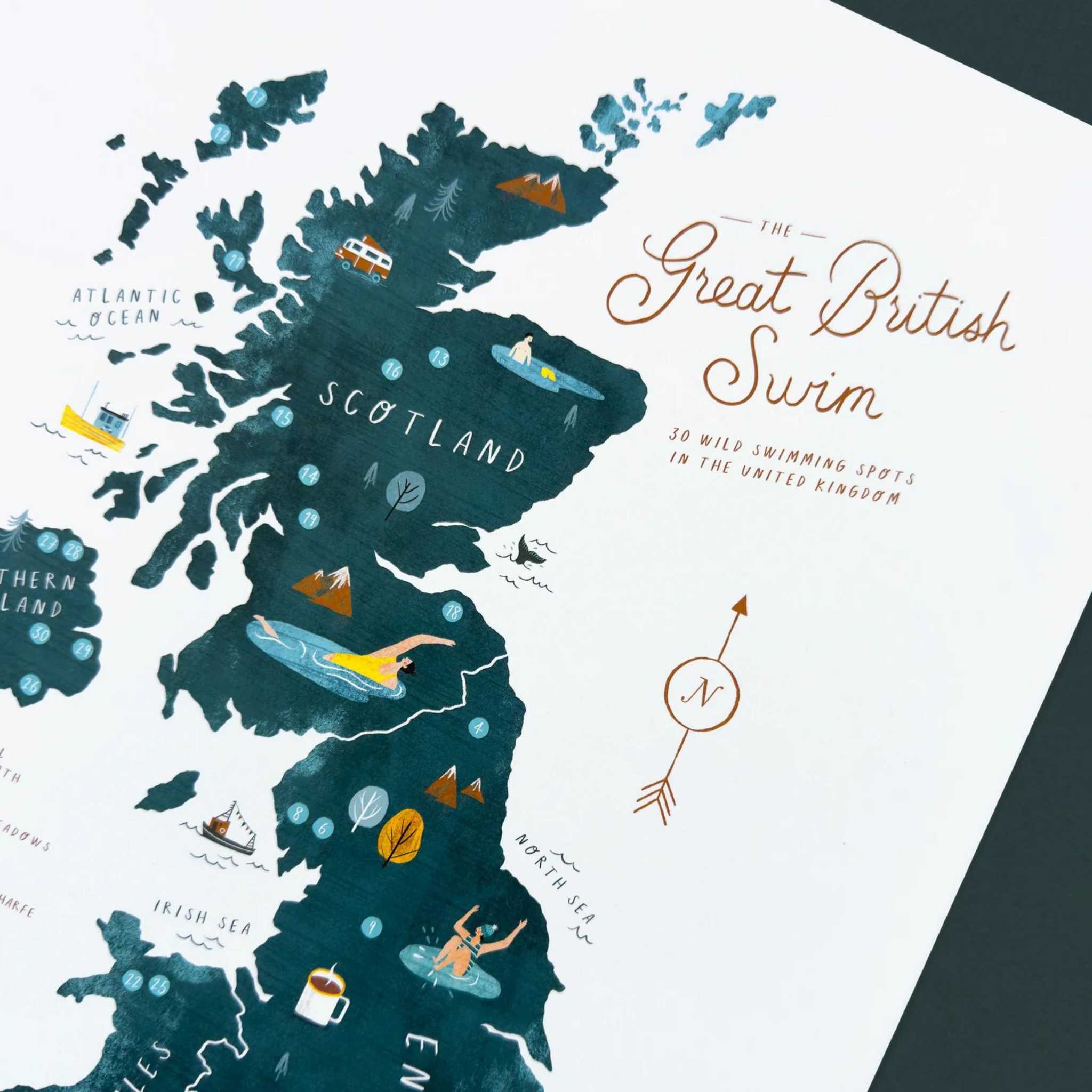 Great British Swim Print - Illustrated Map & Wooden Frame