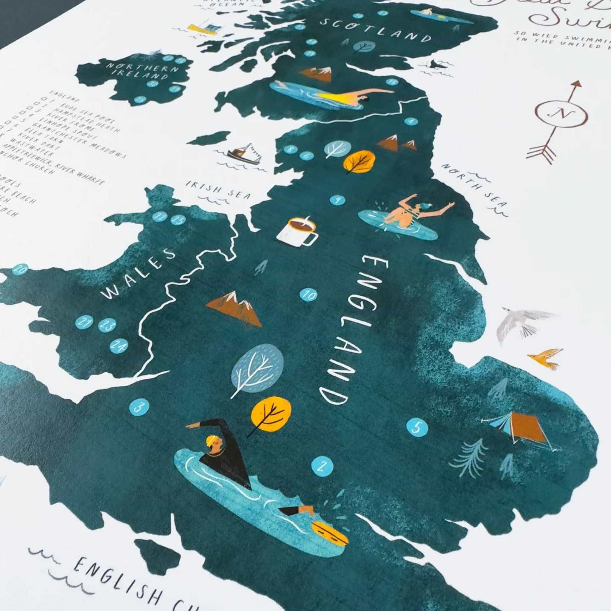 Great British Swim Print - Illustrated Map & Wooden Frame