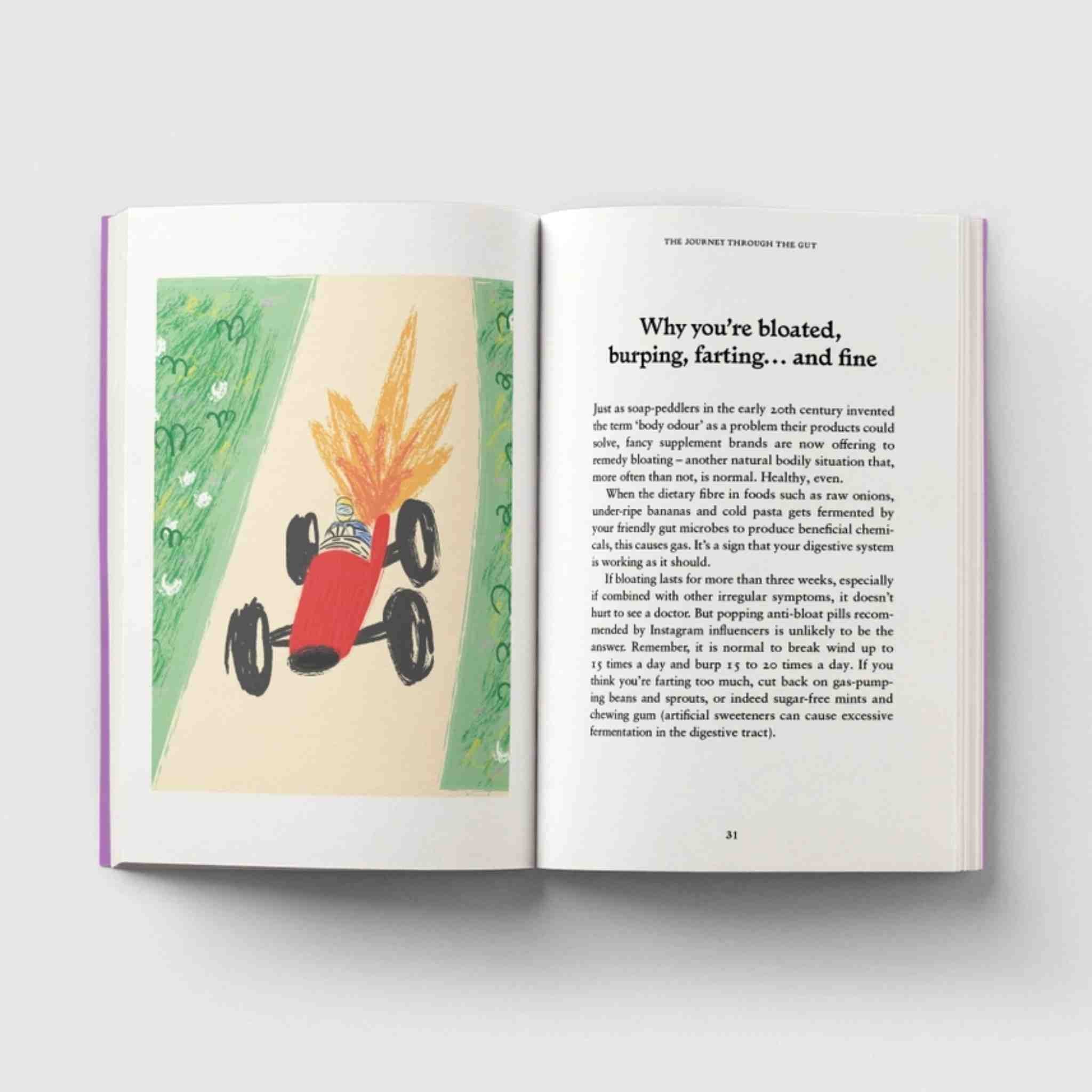 Page title 'why you're bloated, burping, farting... and fine'  picture of racing car drawing