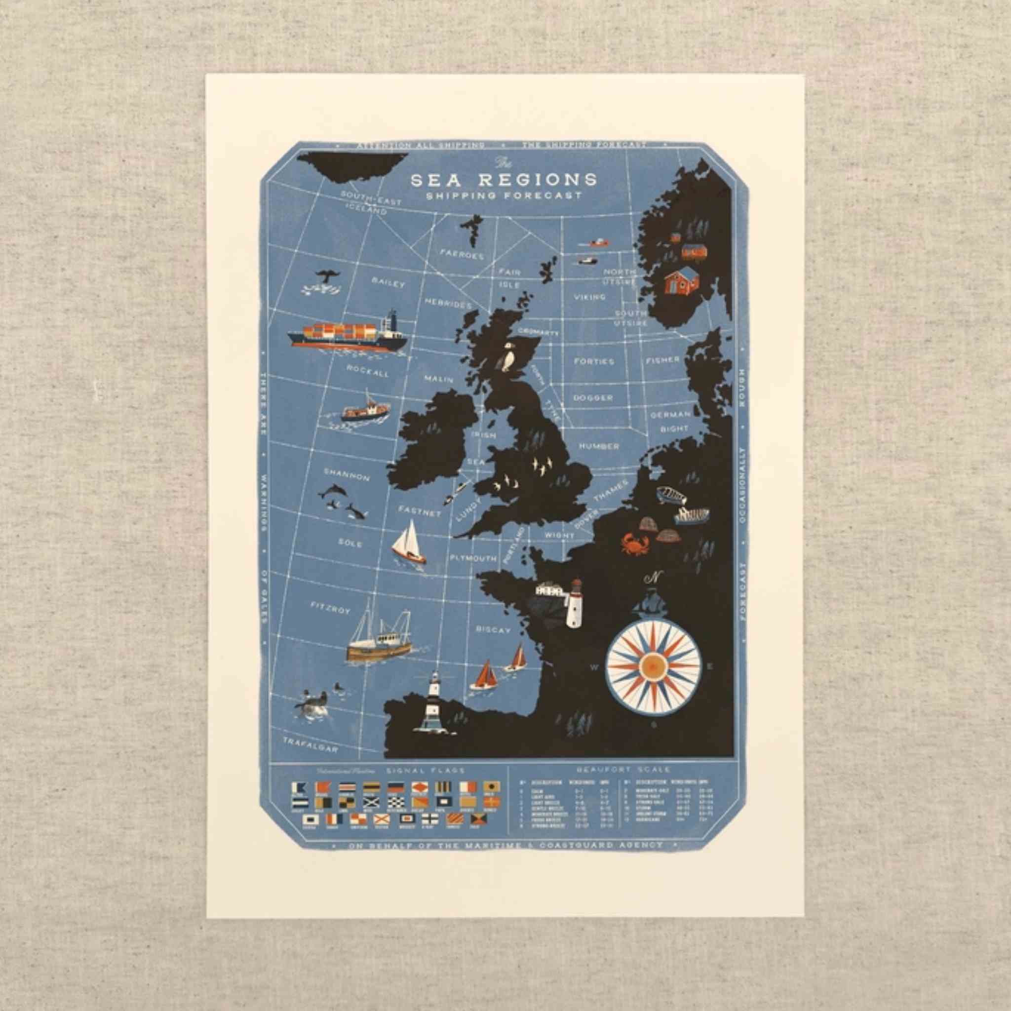 A vintage-style illustrated nautical chart poster showing a blue ocean with dark landmasses, small ships, boats, and a compass rose.