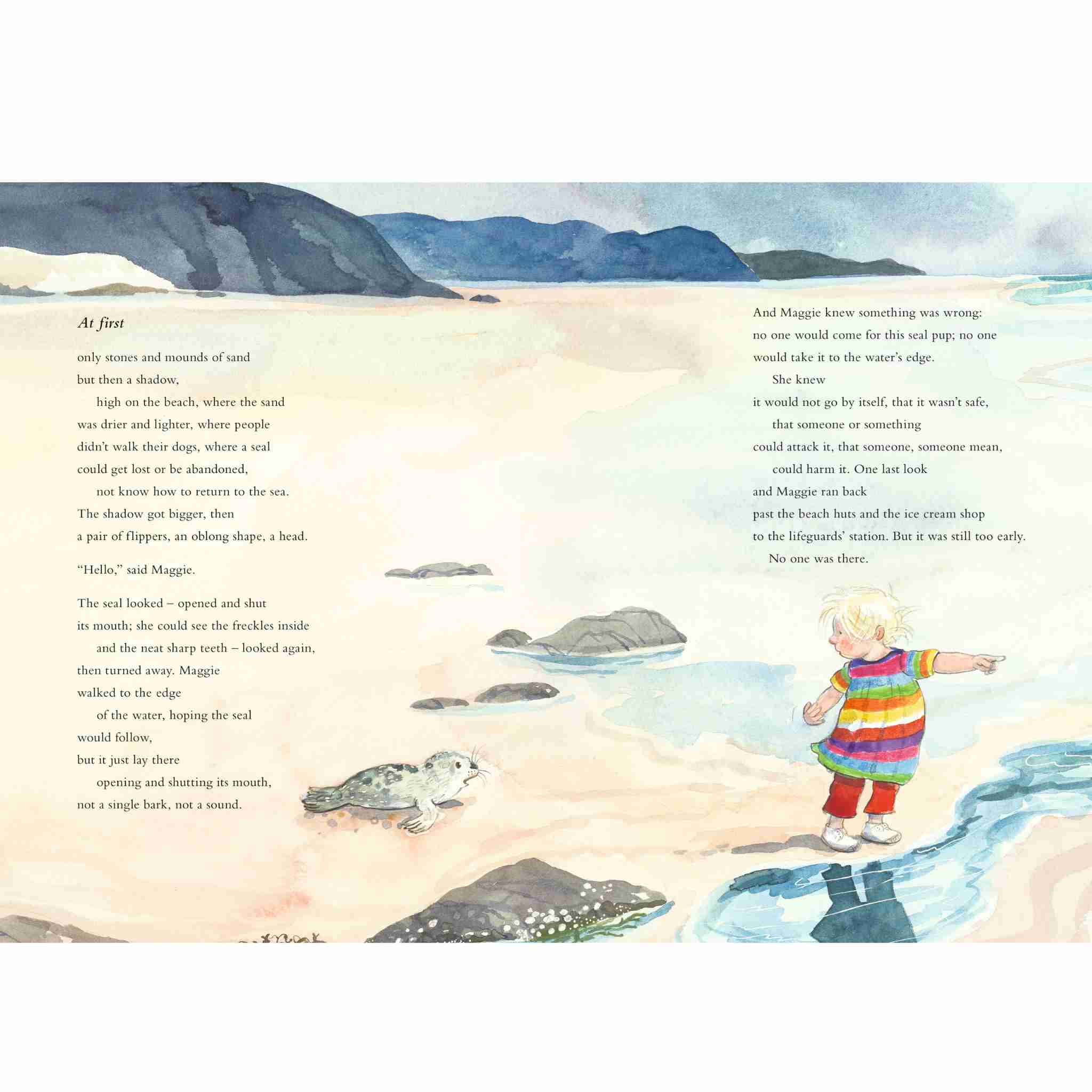 Illustrated book page with a child and a seal on a beach
