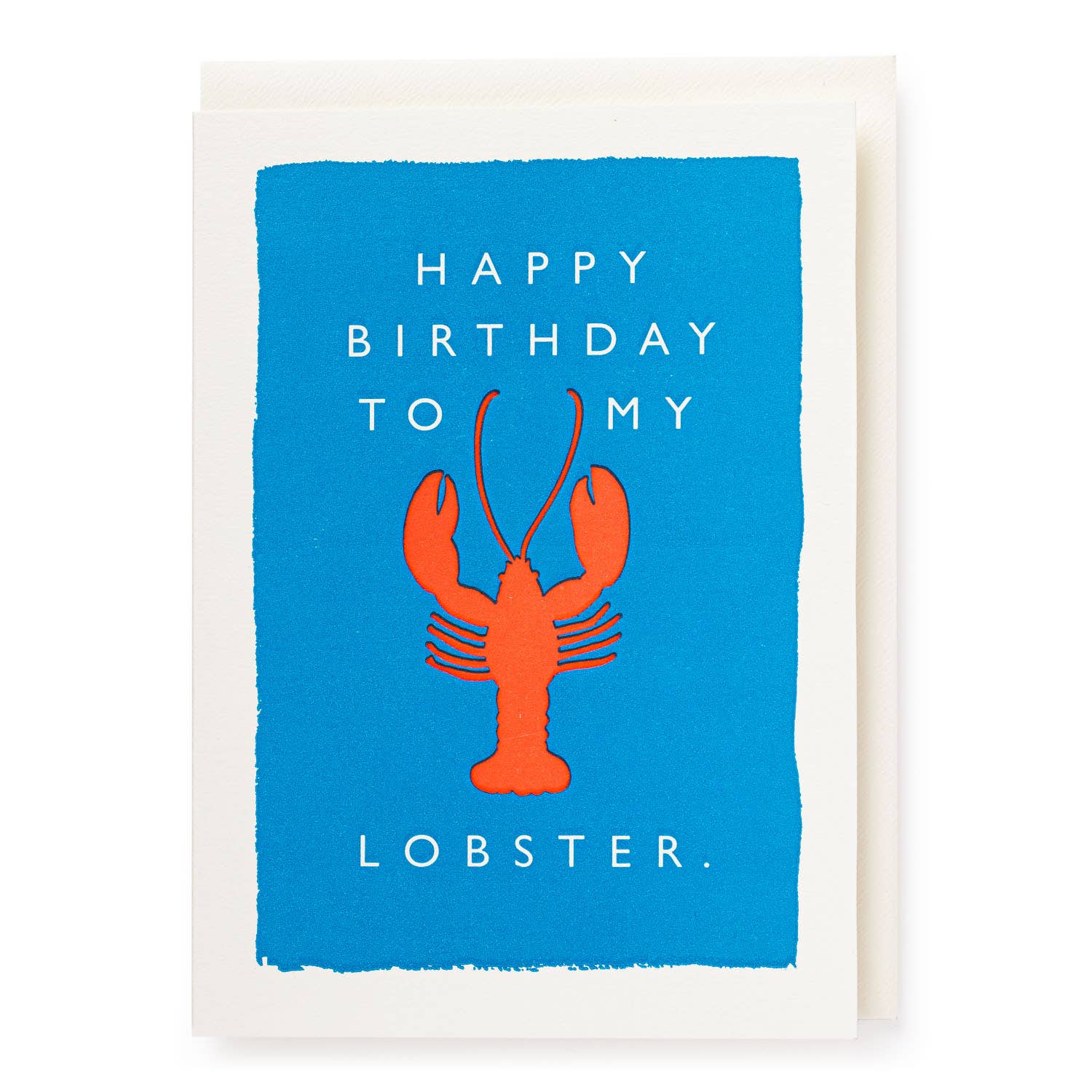 Birthday card with an orange lobster illustration and blue background