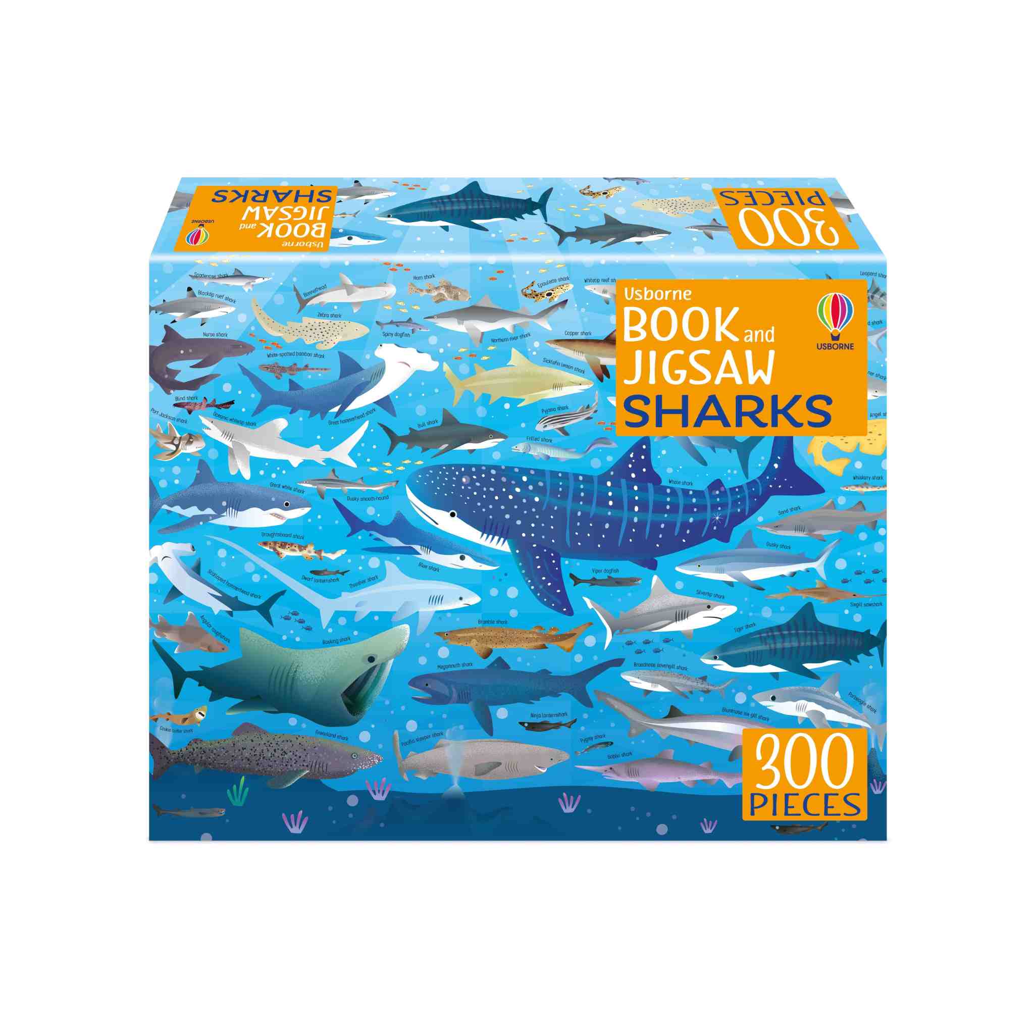 Jigsaw puzzle box with shark illustrations on a blue background